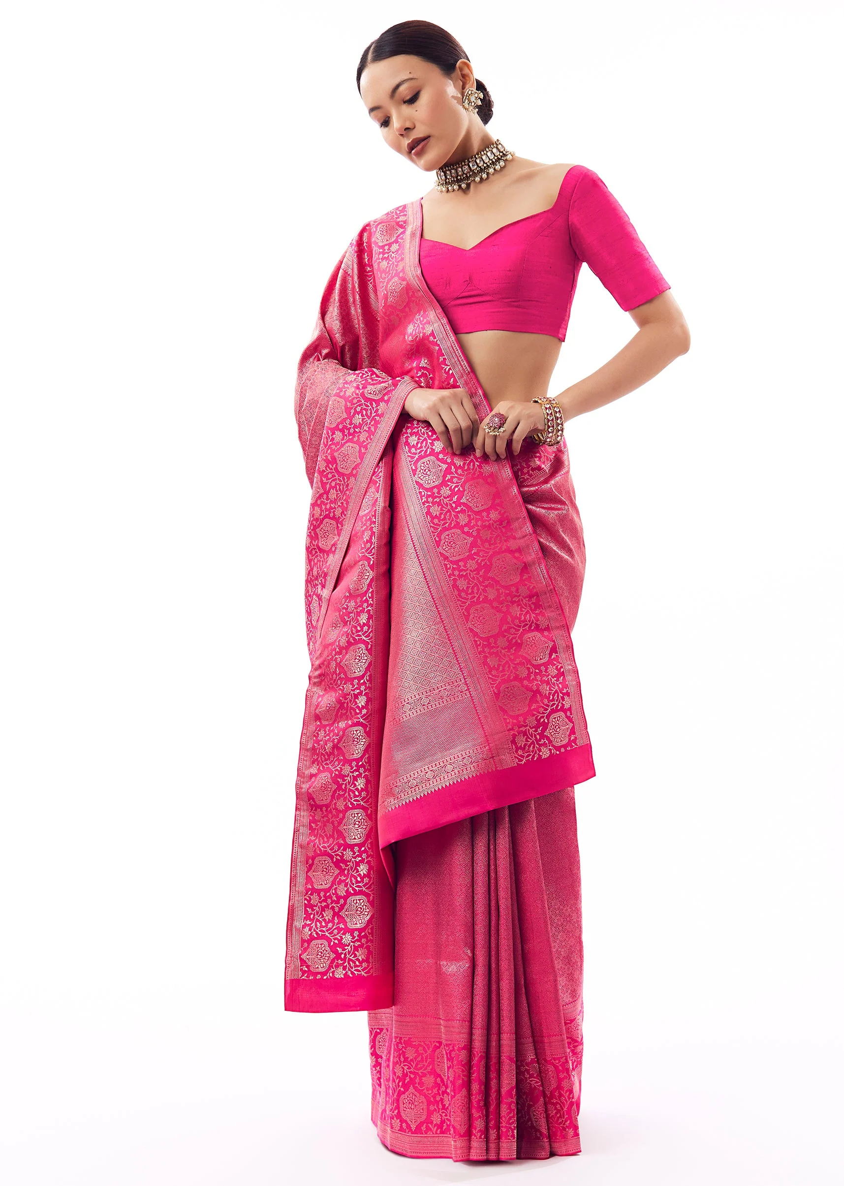 Rani Pink Silk Chanderi Zari Woven Saree And Floral Statement Border - Image 3