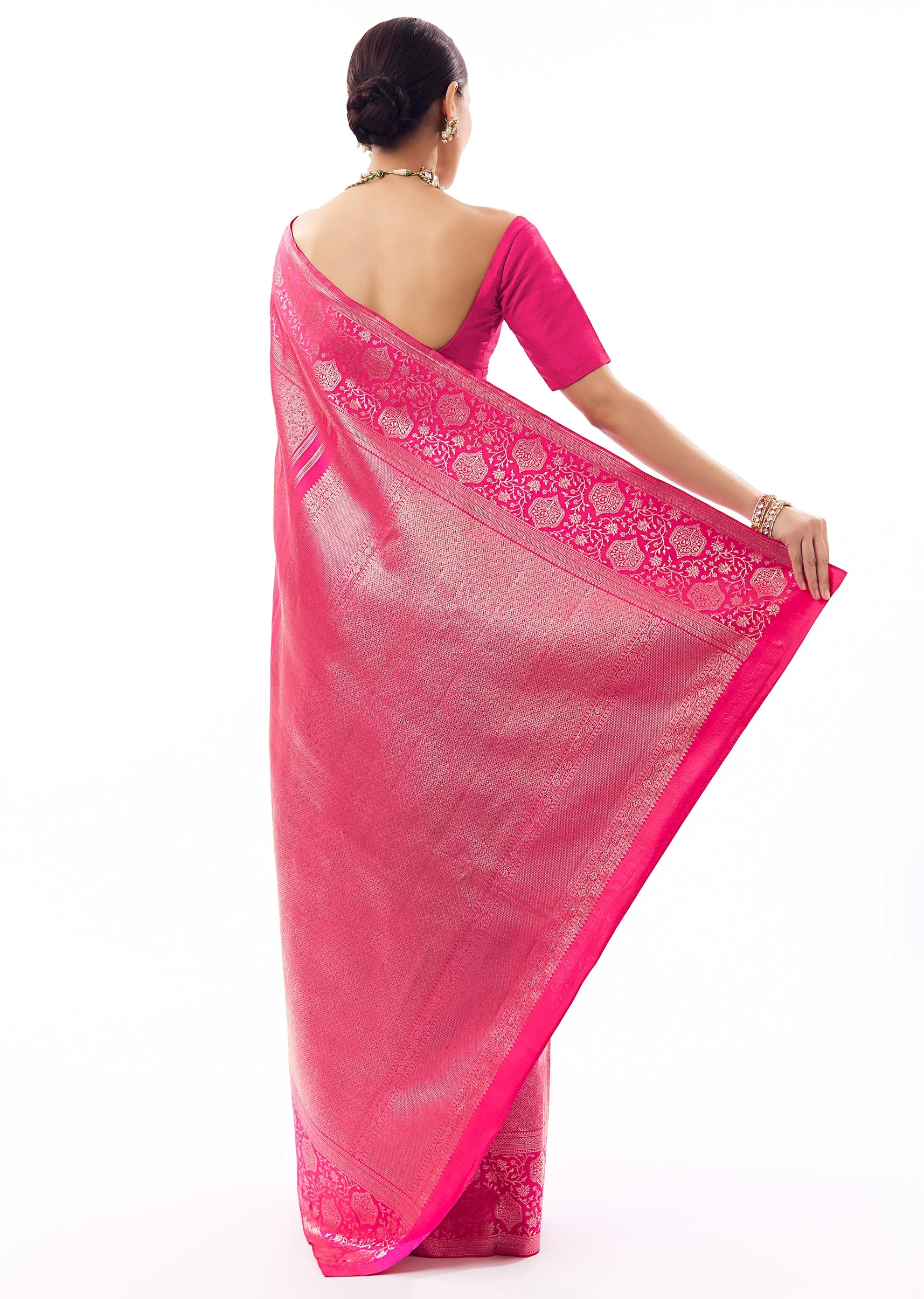 Rani Pink Silk Chanderi Zari Woven Saree And Floral Statement Border - Image 4