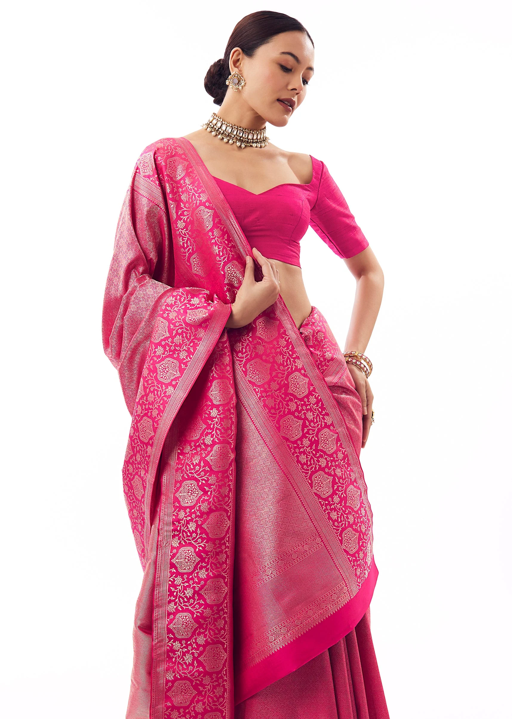 Rani Pink Silk Chanderi Zari Woven Saree And Floral Statement Border - Image 5