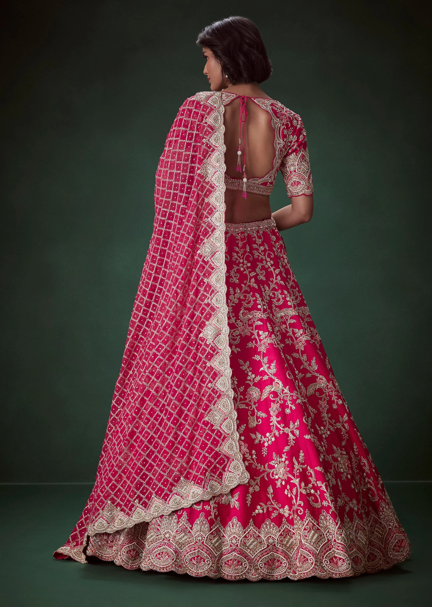 Rani Pink Silk Embroidered Bridal Lehenga Set with Scallop Dupatta - Image 2