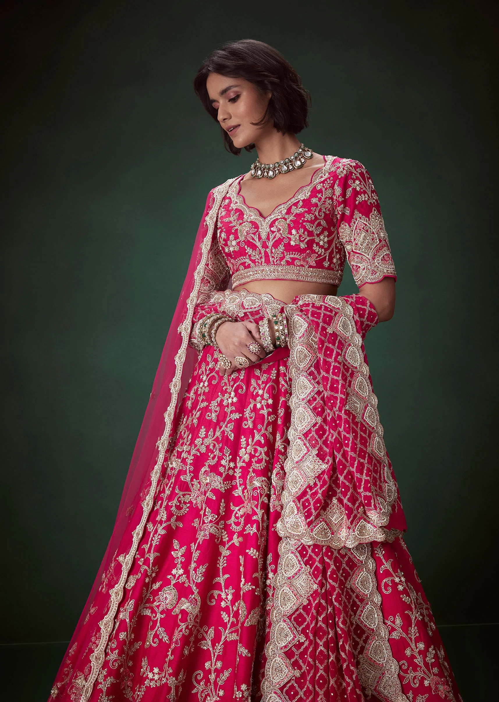 Rani Pink Silk Embroidered Bridal Lehenga Set with Scallop Dupatta - Image 6