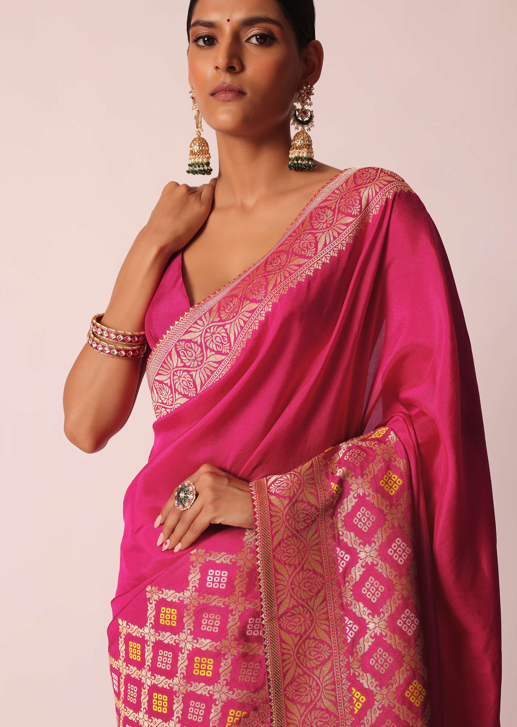 Rani Pink Silk Saree With Bandhani Detail And Unstitched Blouse Piece - Image 5