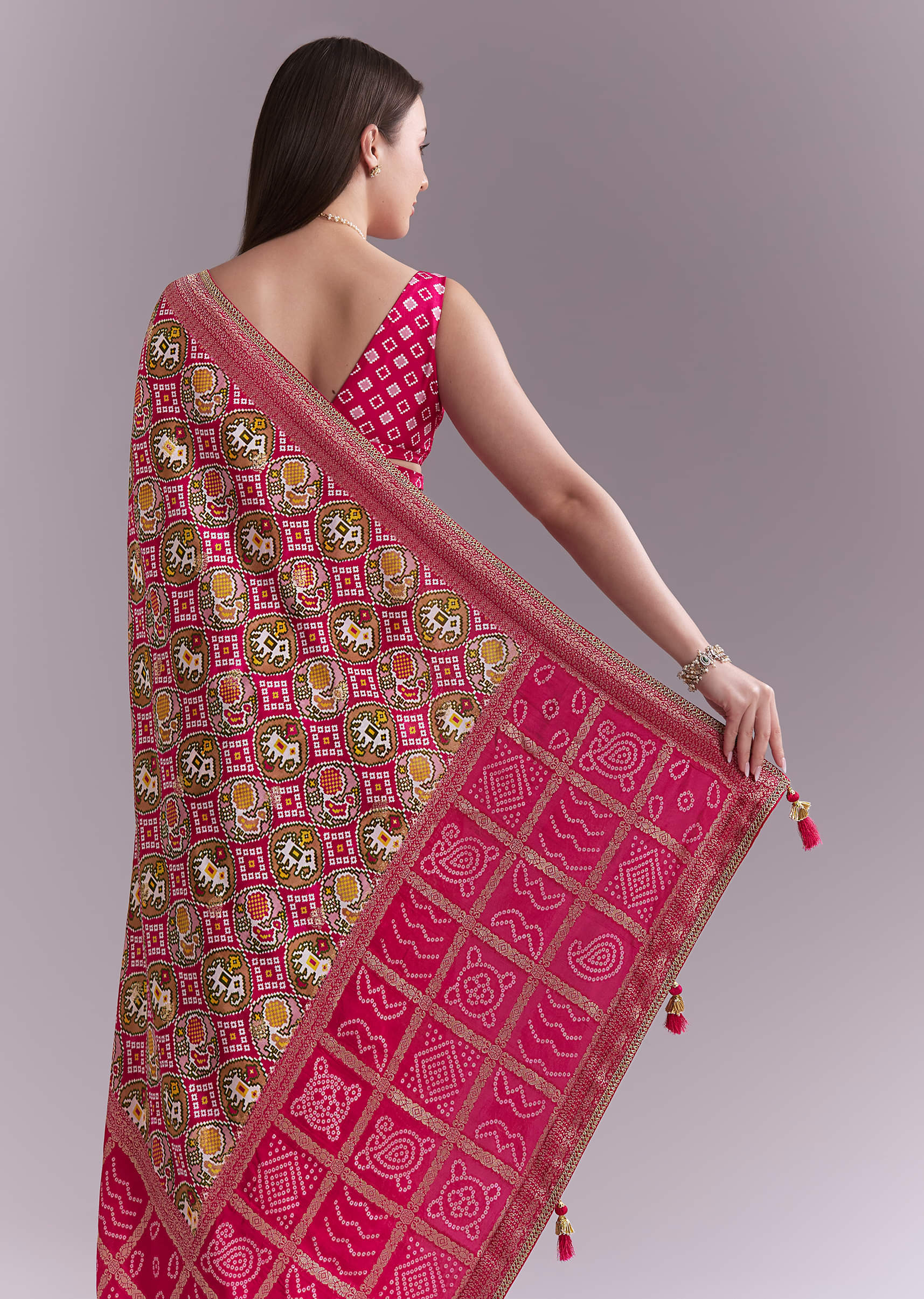 Rani Pink Silk Saree With Bandhani Work And Elephant Motifs - Image 6