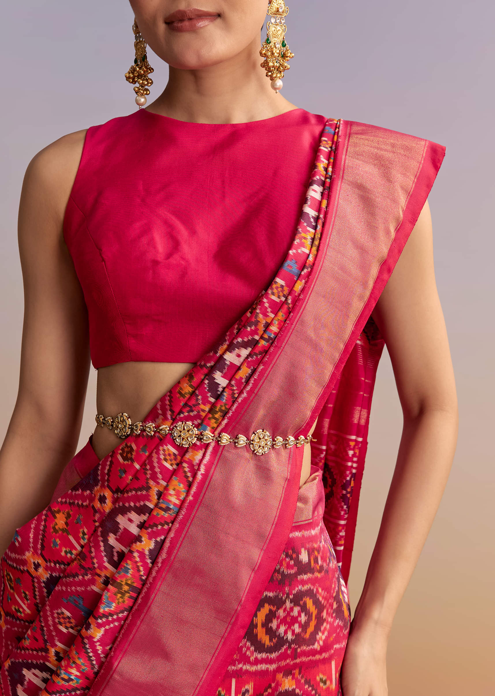 Rani Pink Silk Single Ikkat Handwoven Patola Saree With Geometric Motifs - Image 2