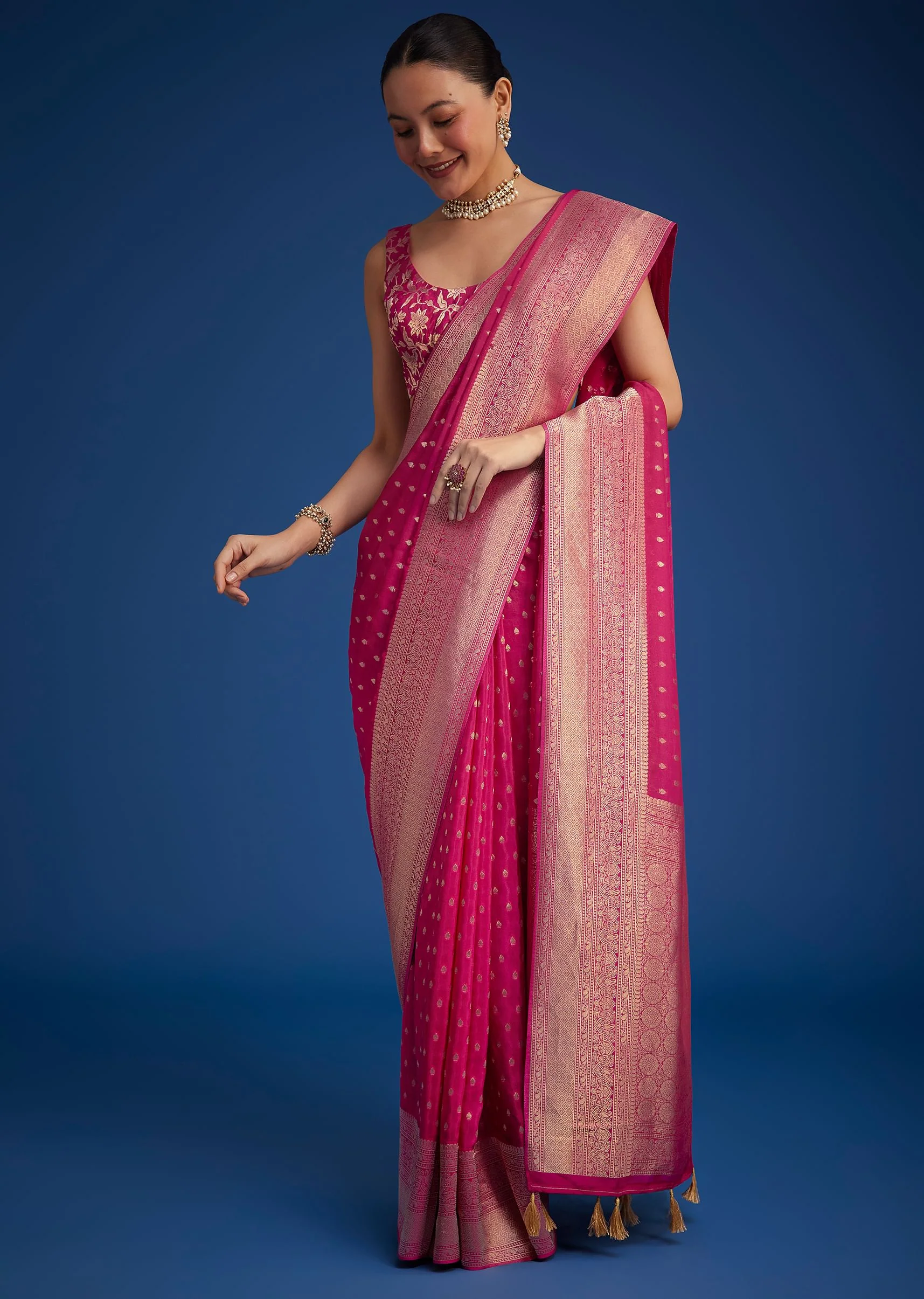 Rani Pink Tissue Silk Ready To Wear Saree With Zari Border And Butti Work - Image 2