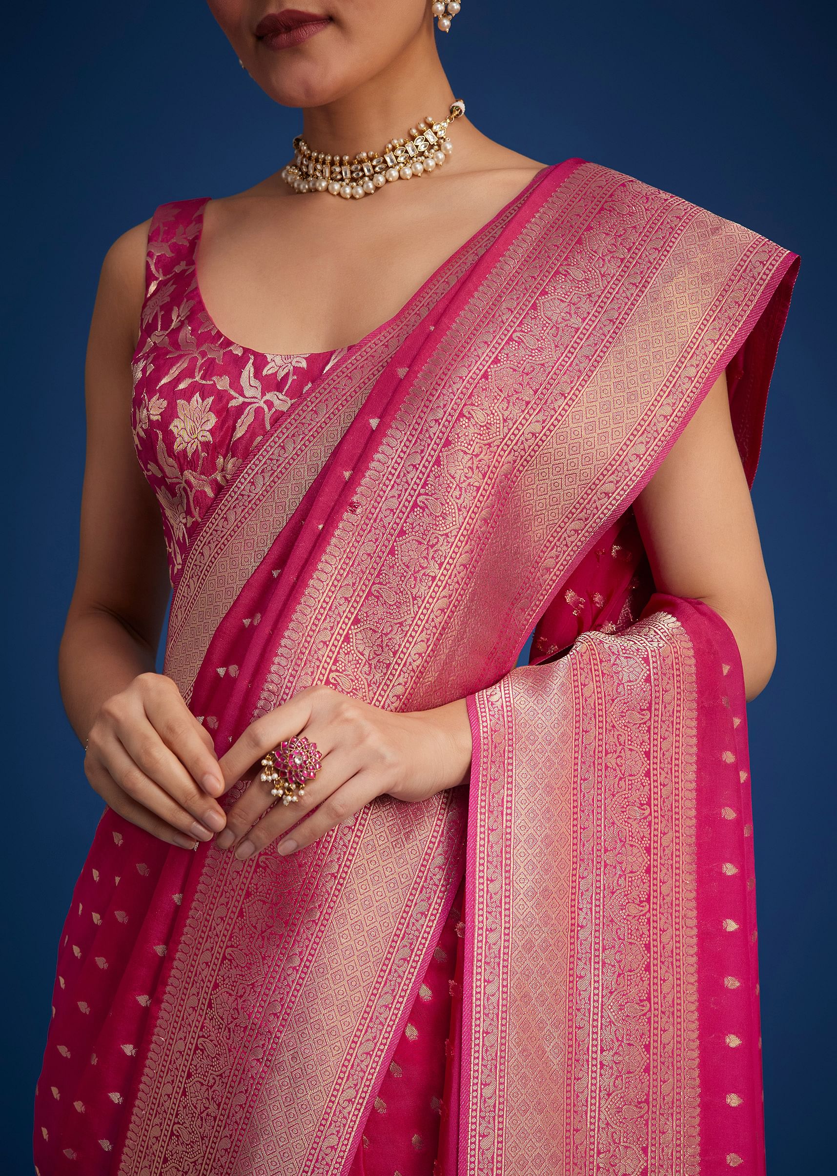 Rani Pink Tissue Silk Ready To Wear Saree With Zari Border And Butti Work - Image 3