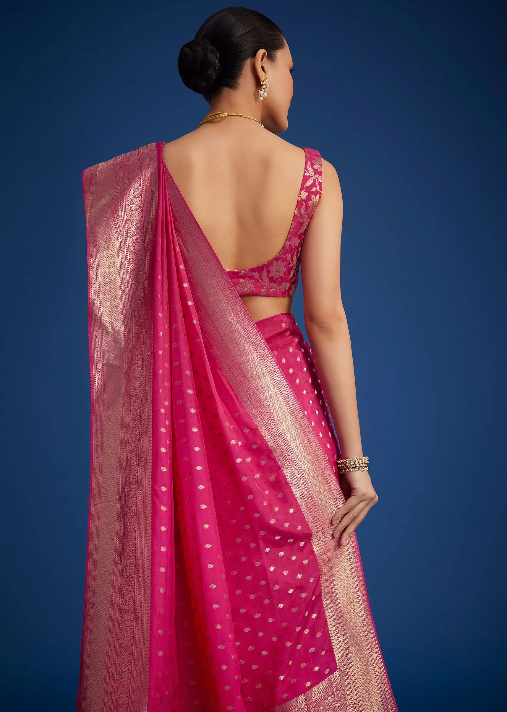 Rani Pink Tissue Silk Ready To Wear Saree With Zari Border And Butti Work - Image 6
