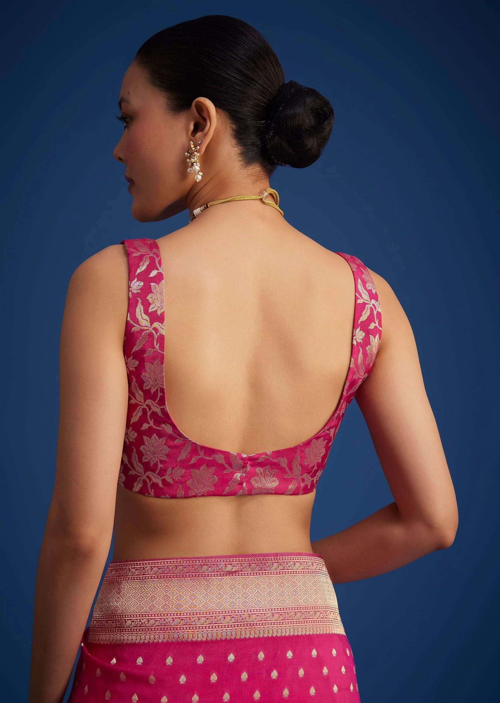 Rani Pink Tissue Silk Saree With Zari Border And Butti Work - Image 8
