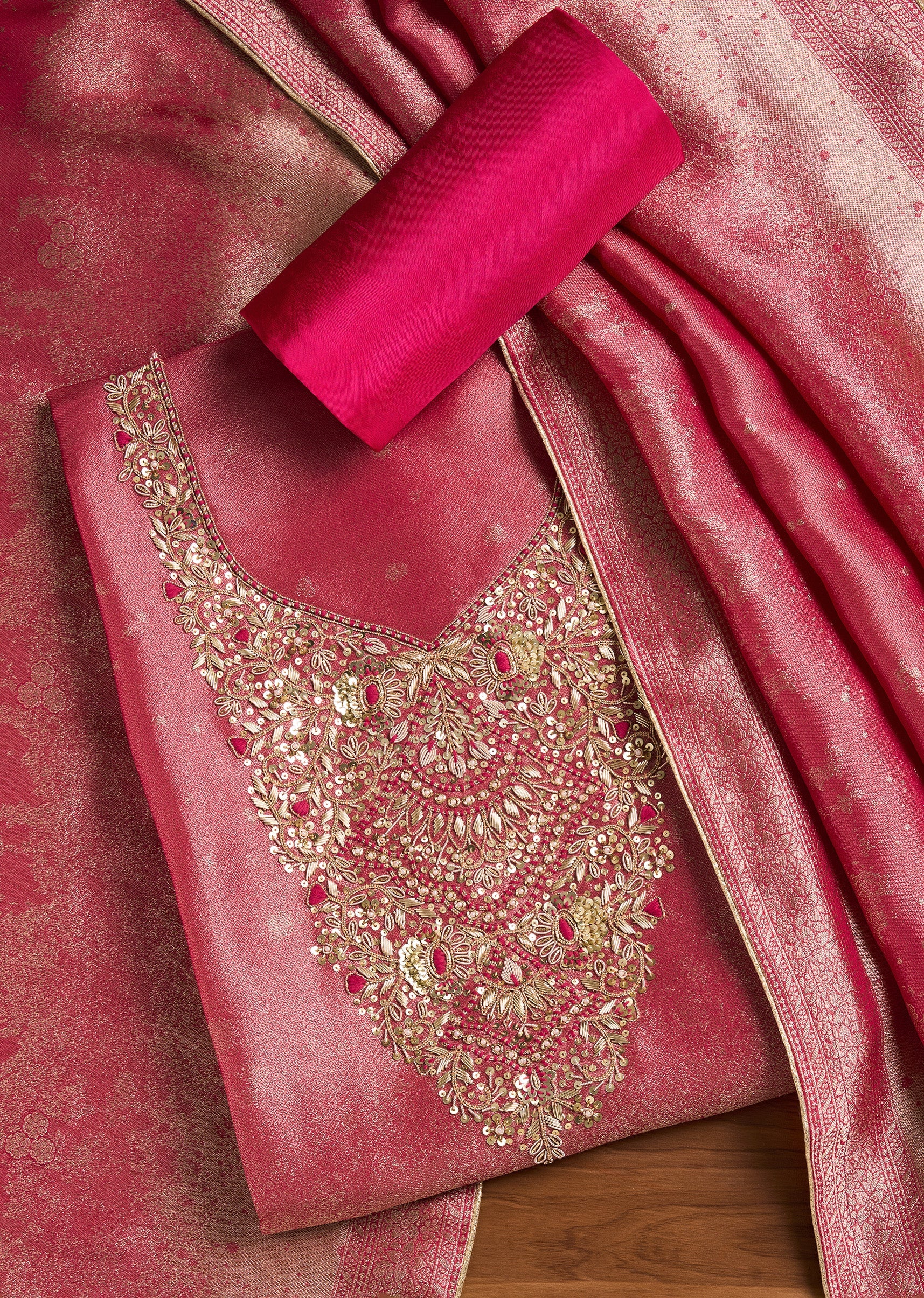 Rani Pink Tissue Unstitched Suit With Dupatta