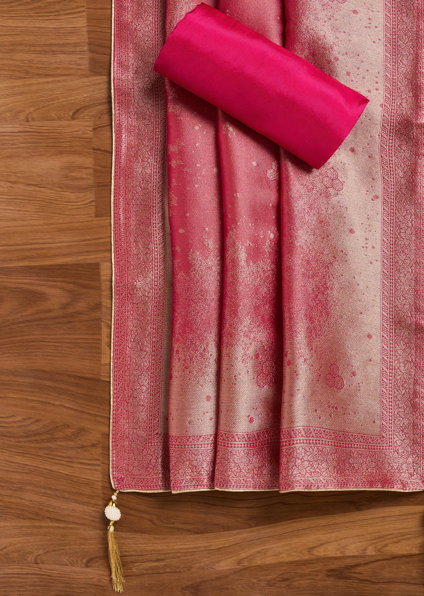 Rani Pink Tissue Unstitched Suit With Dupatta - Image 4
