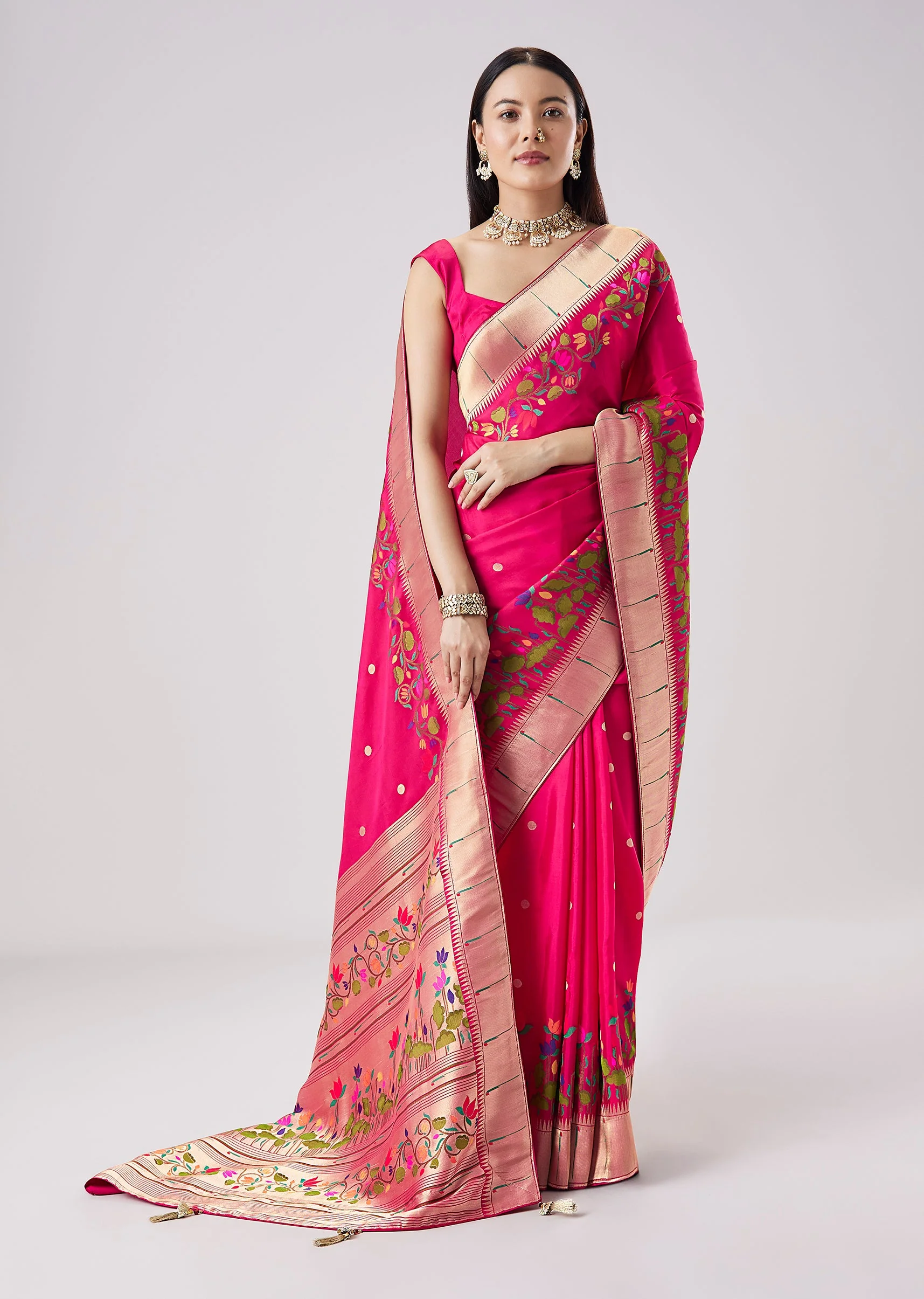 Rani Pink Woven Motif Saree With Unstitched Blouse - Image 3