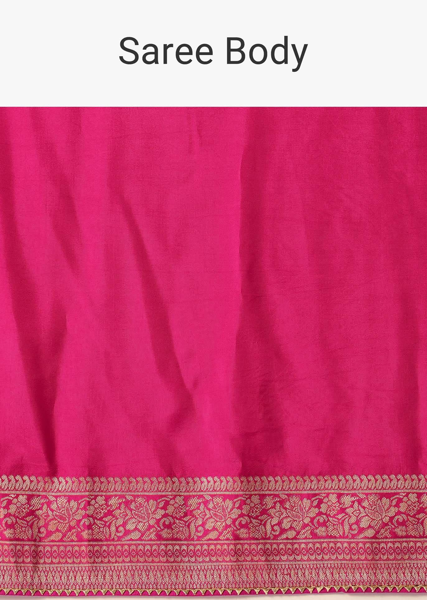 Rani Pink Woven Saree In Silk with Bandhani Detail And Unstitched Blouse Piece - Image 10