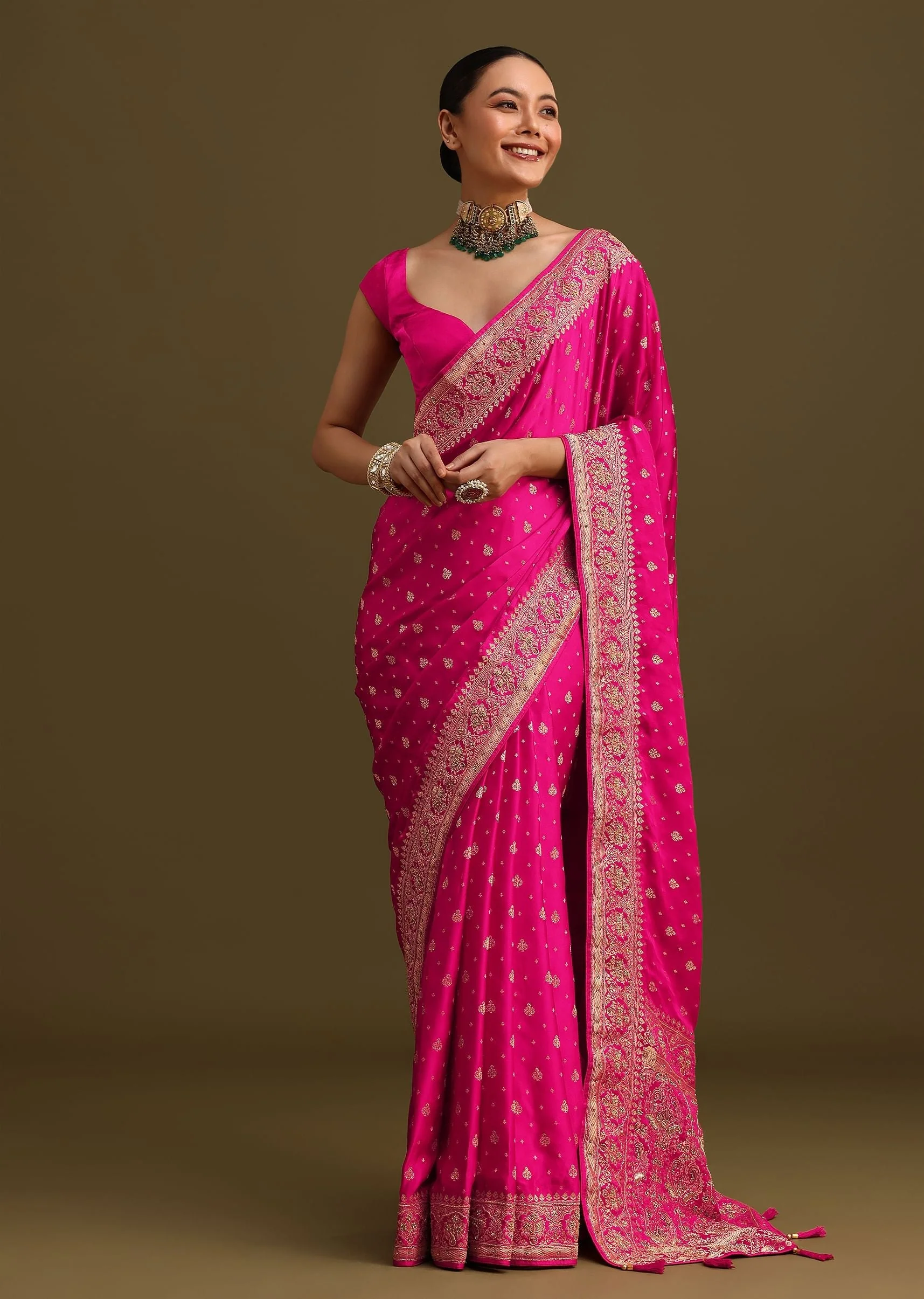 Rani Pink Zardosi Embroidered Saree With Unstitched Blouse