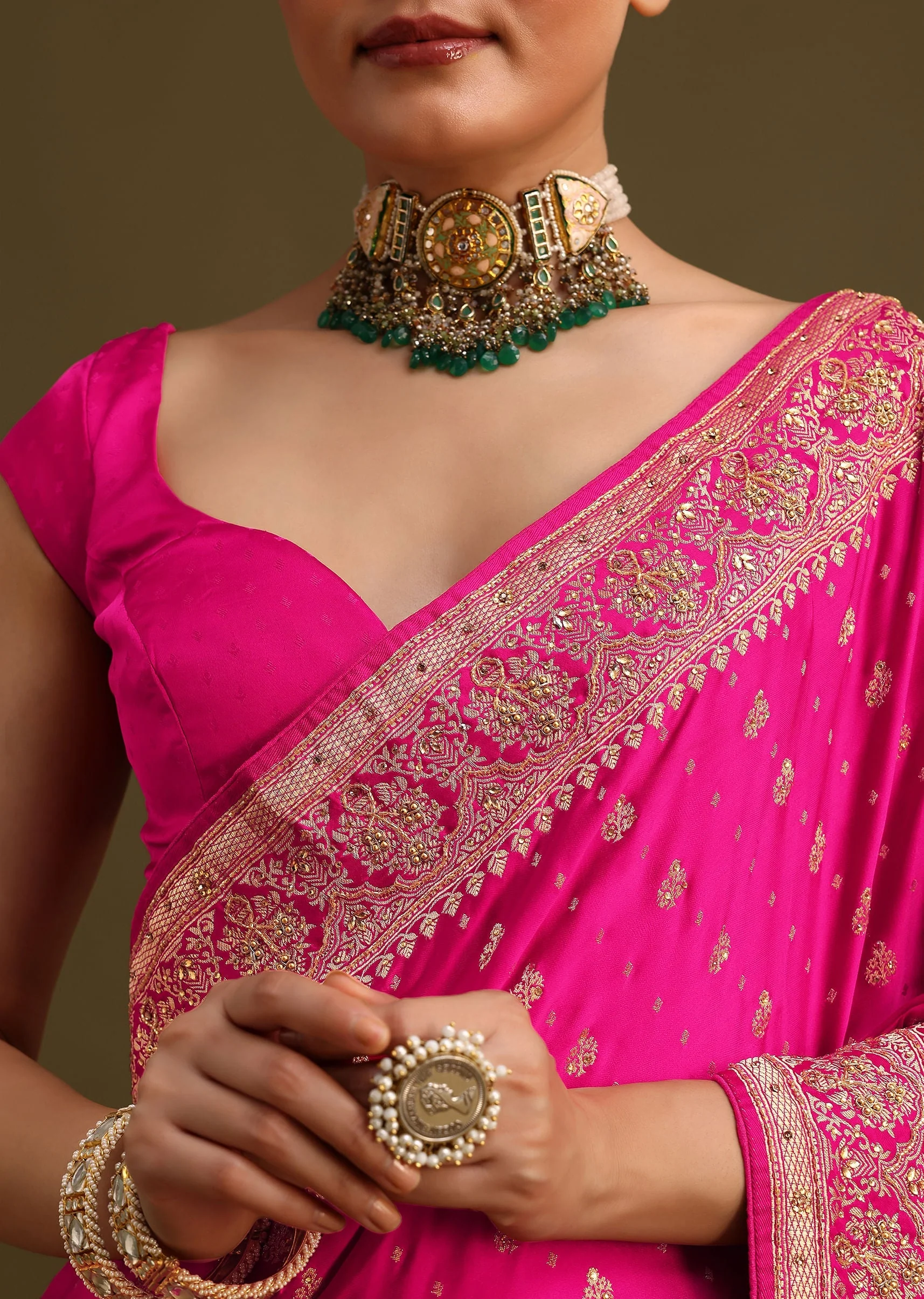 Rani Pink Zardosi Embroidered Saree With Unstitched Blouse - Image 2