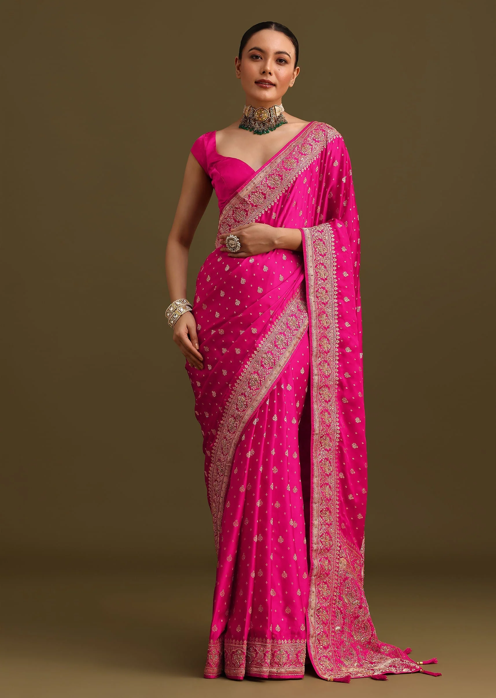 Rani Pink Zardosi Embroidered Saree With Unstitched Blouse - Image 3