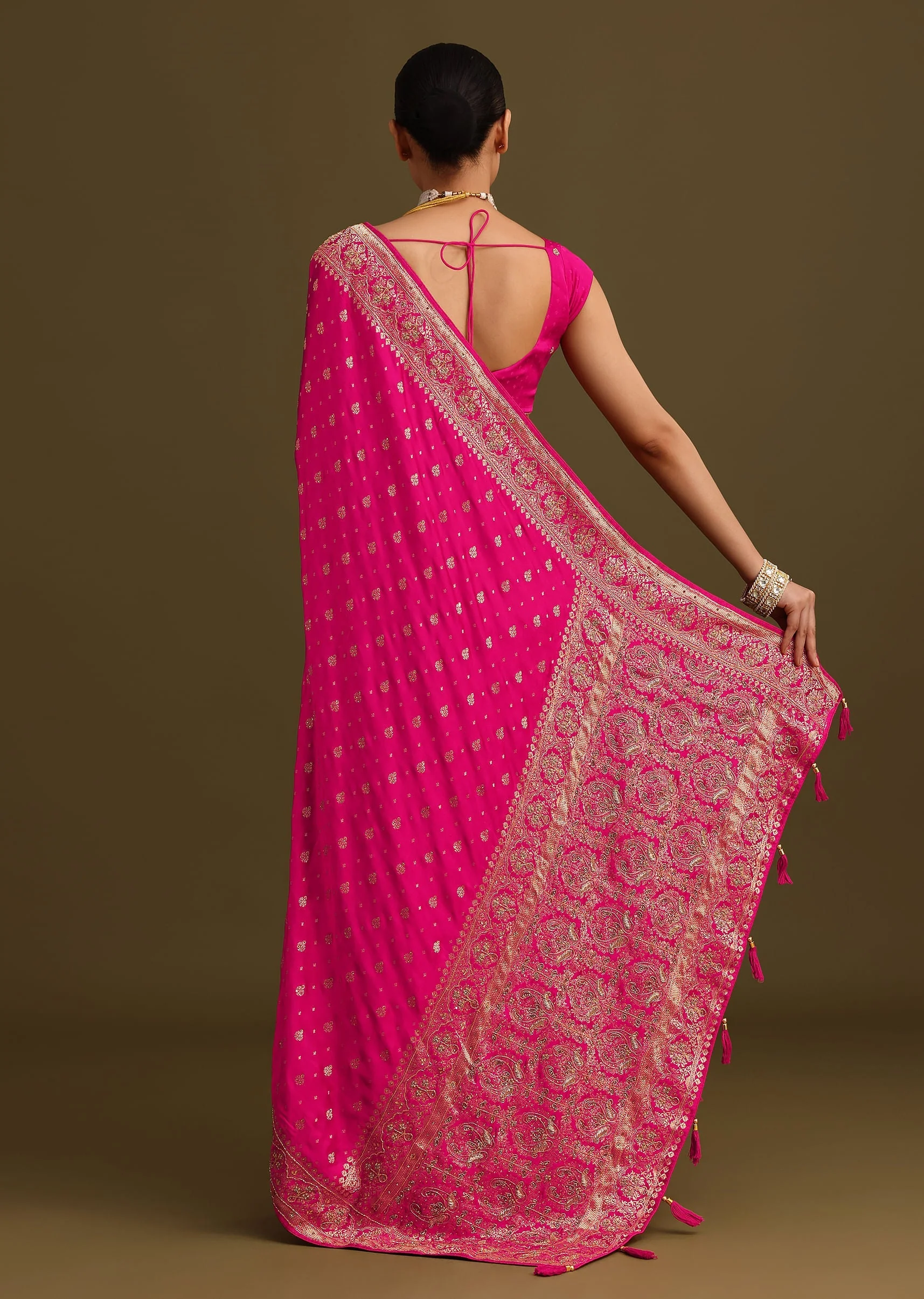 Rani Pink Zardosi Embroidered Saree With Unstitched Blouse - Image 6