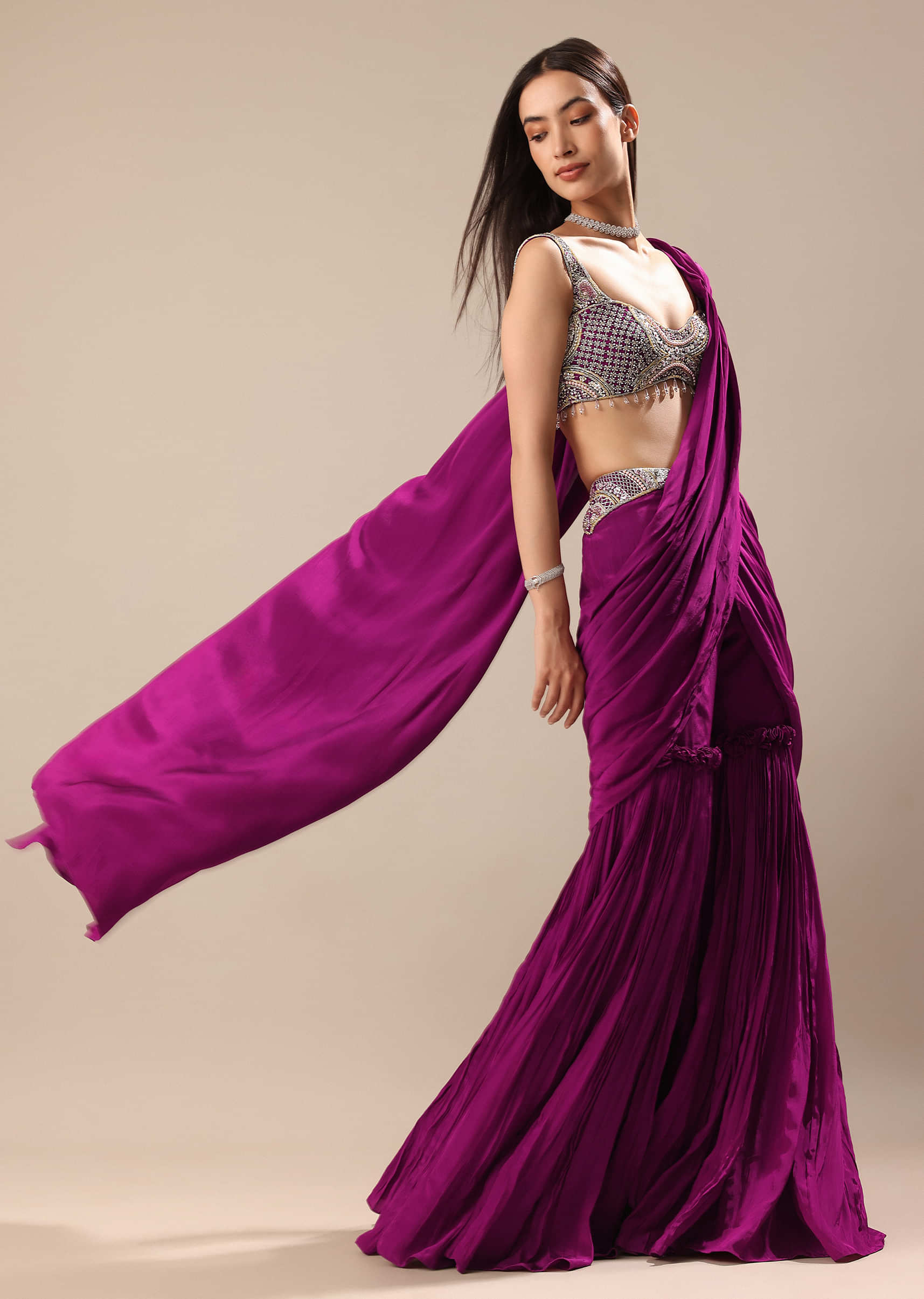 Raspberry Frill Saree With Embroidered Blouse - Image 2