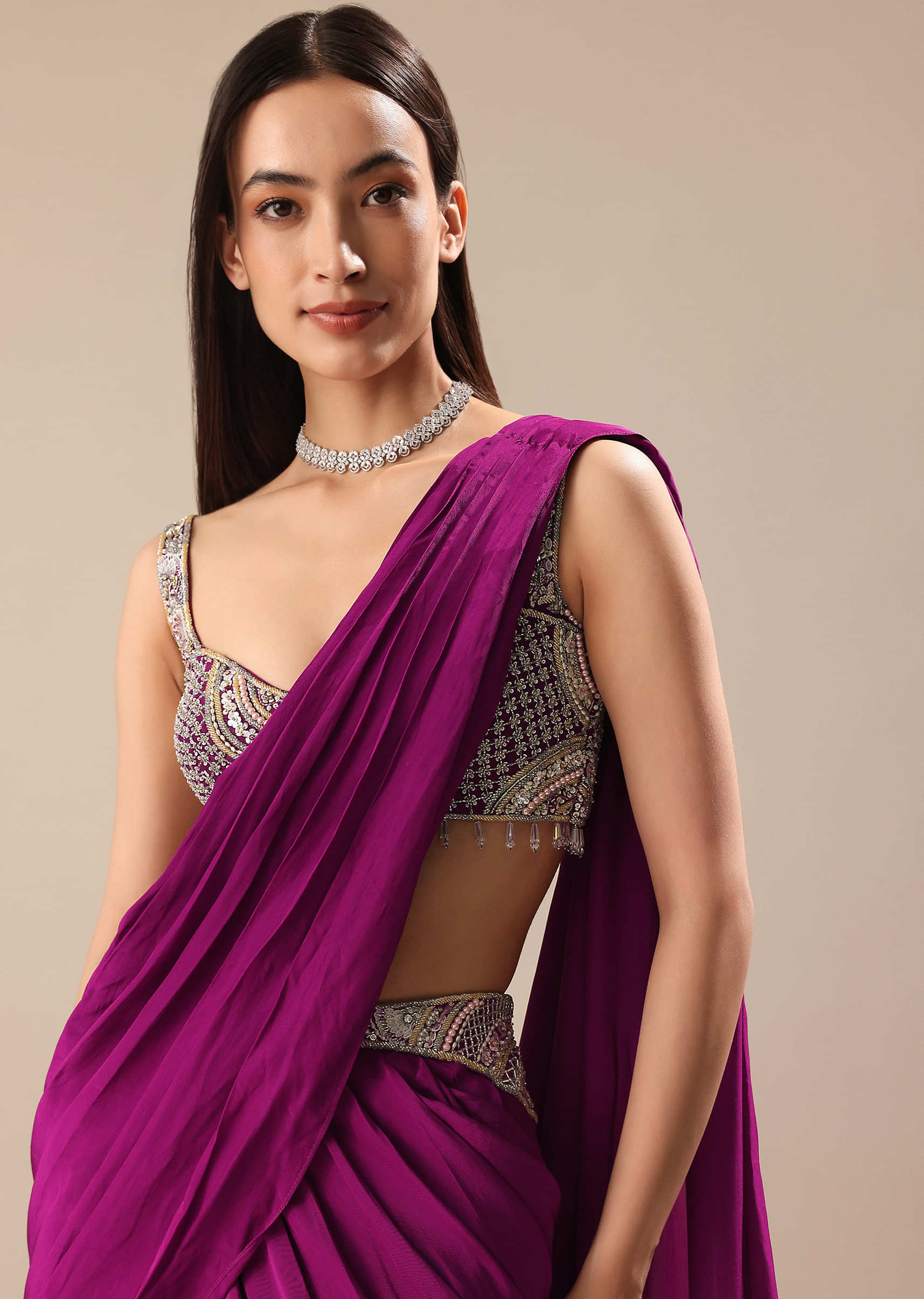 Raspberry Frill Saree With Embroidered Blouse - Image 3