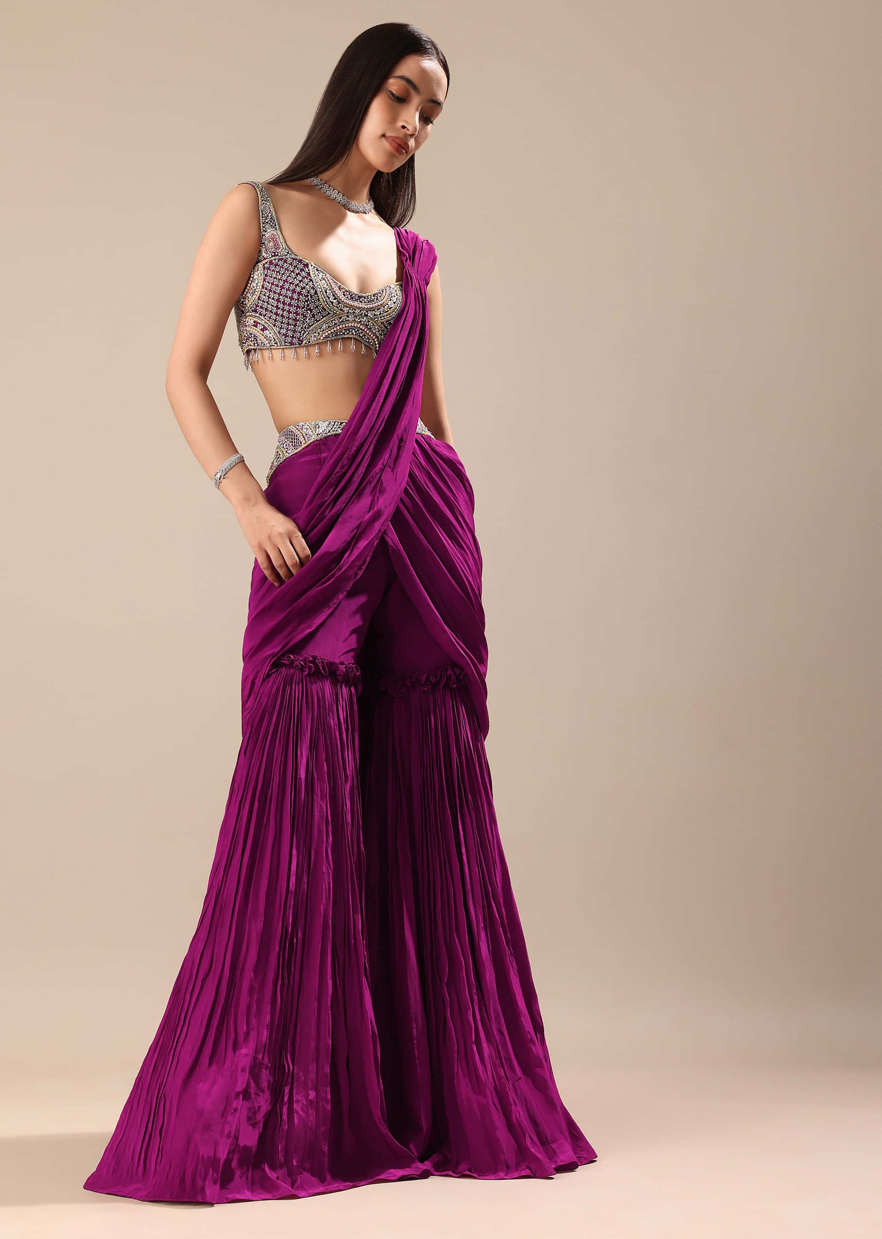 Raspberry Frill Saree With Embroidered Blouse - Image 4