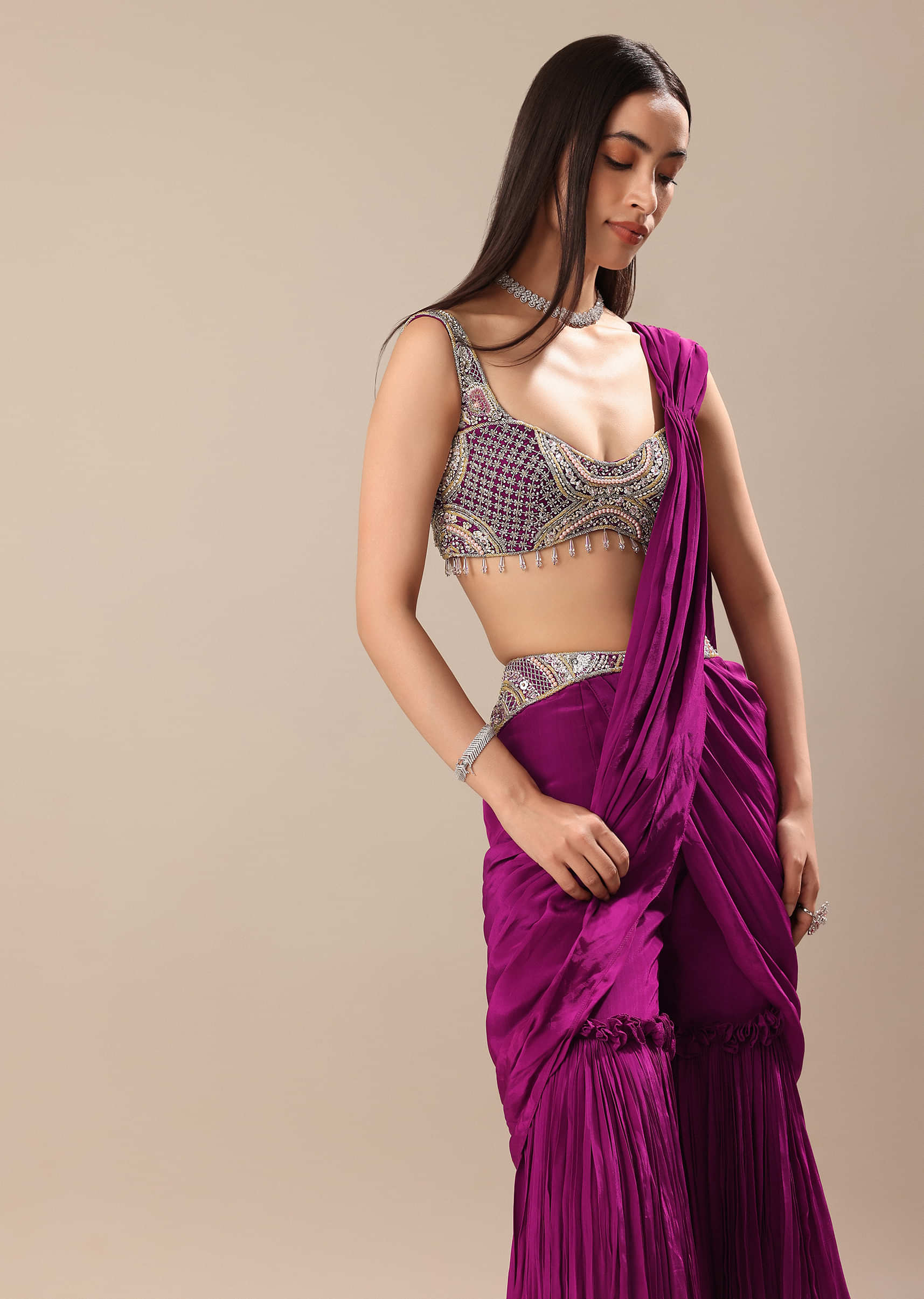 Raspberry Frill Saree With Embroidered Blouse - Image 5