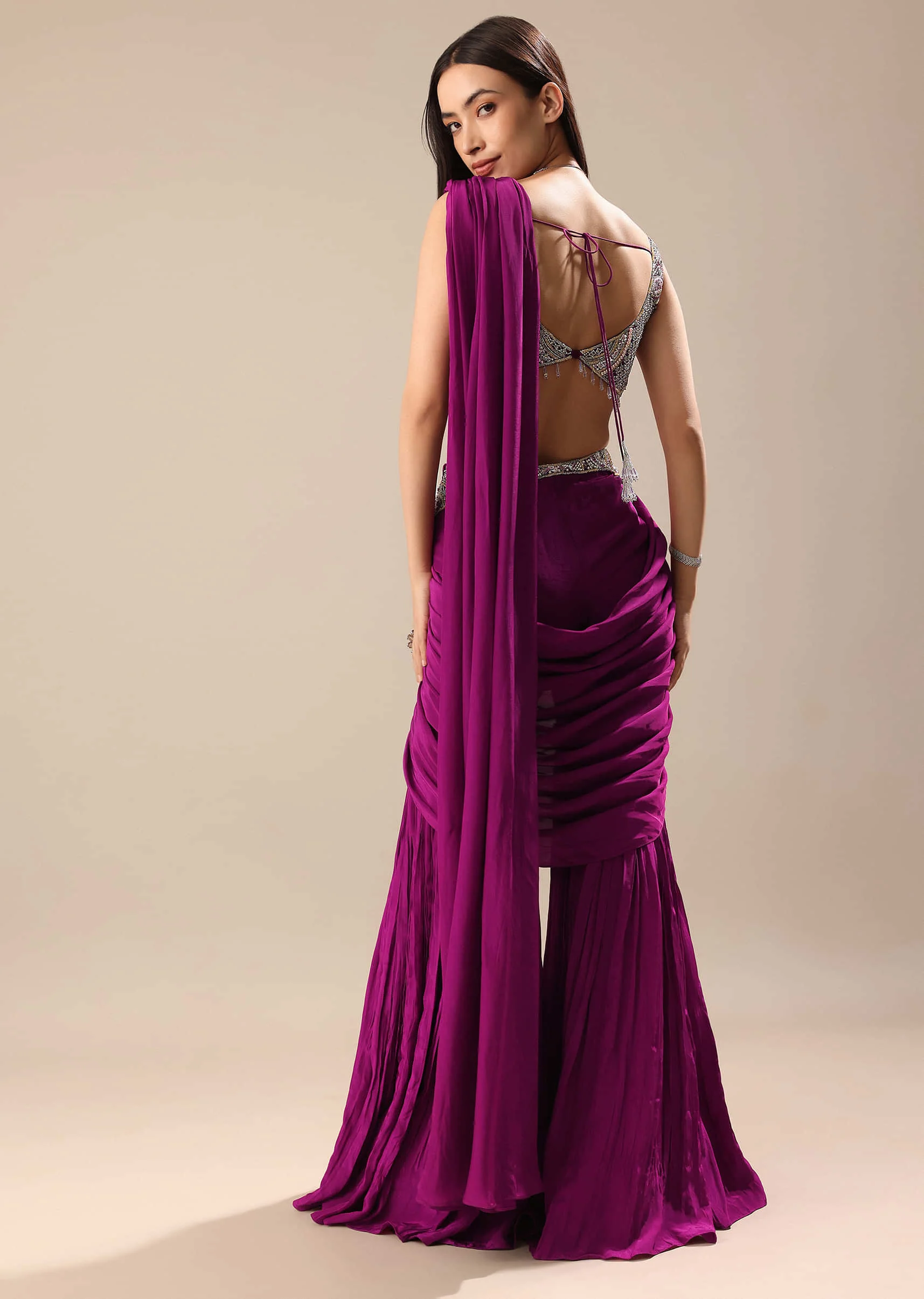 Raspberry Frill Saree With Embroidered Blouse - Image 6