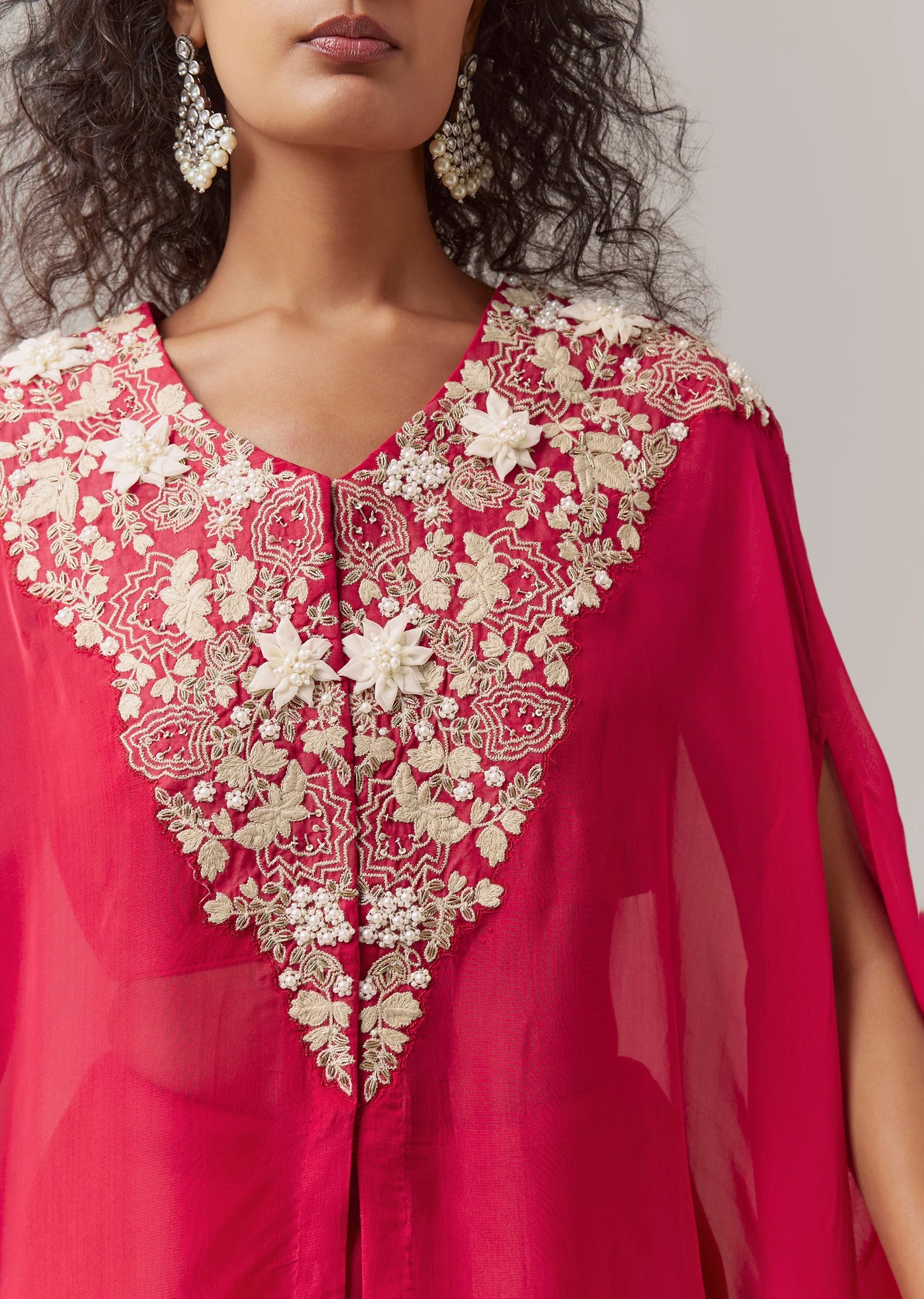 Raspberry Pink Indowestern Embroidered Cape Set - Image 2