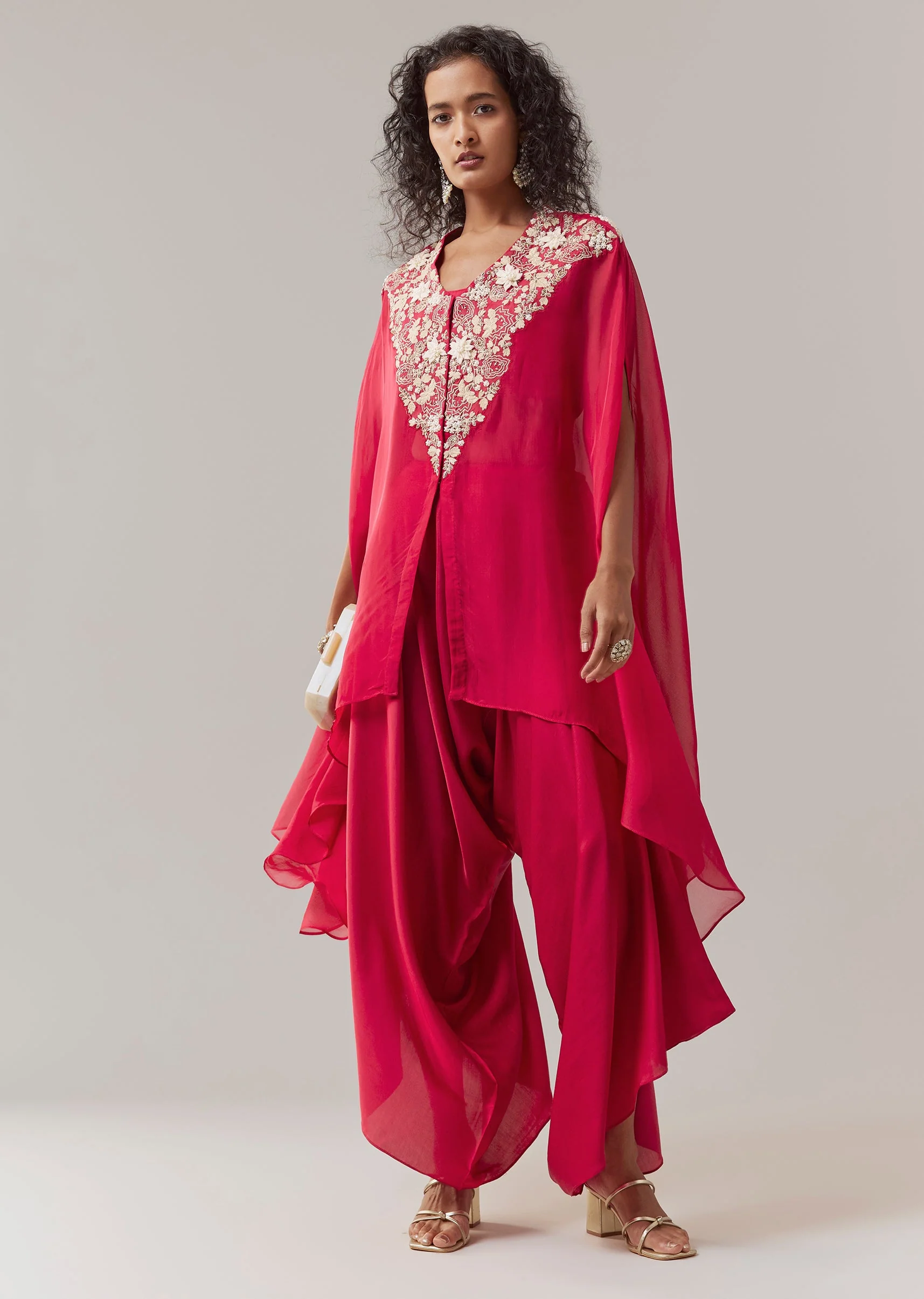 Raspberry Pink Indowestern Embroidered Cape Set - Image 3