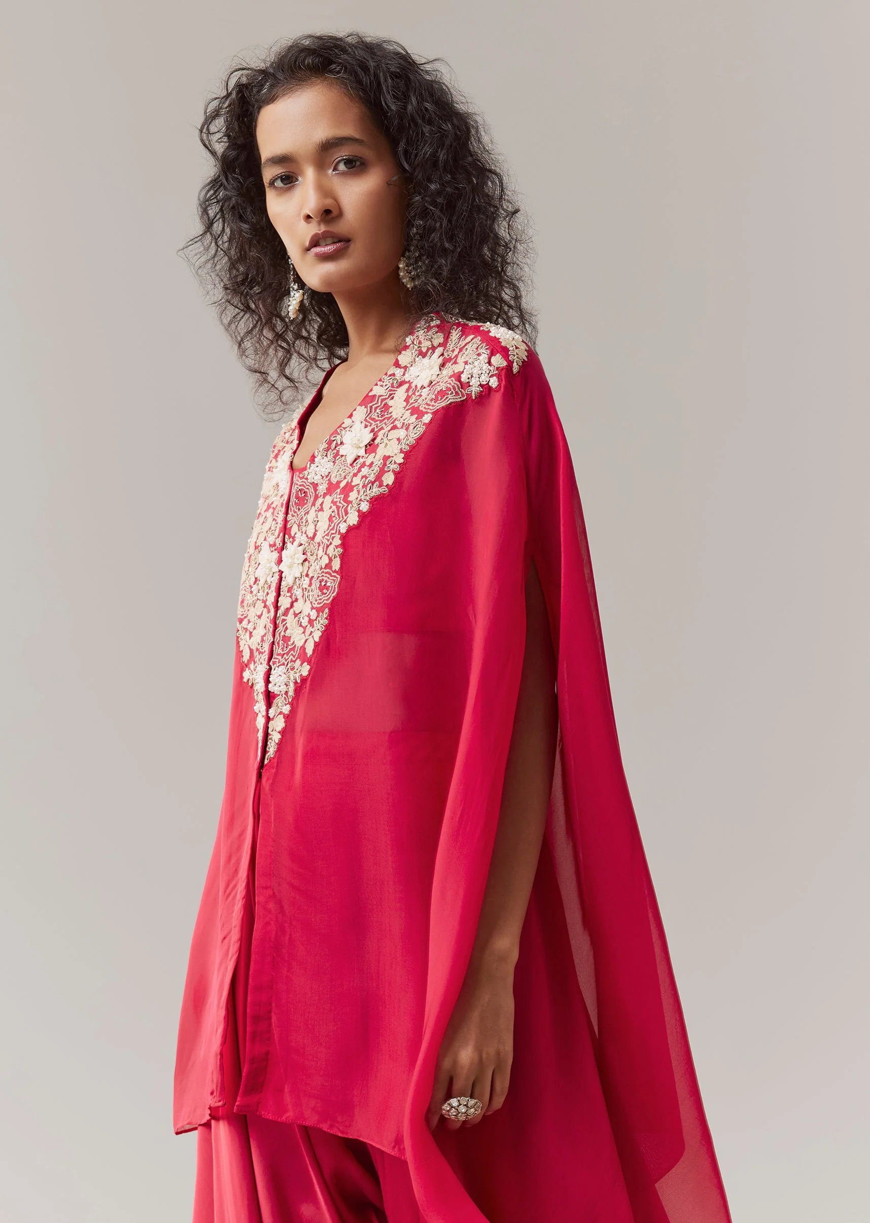 Raspberry Pink Indowestern Embroidered Cape Set - Image 4