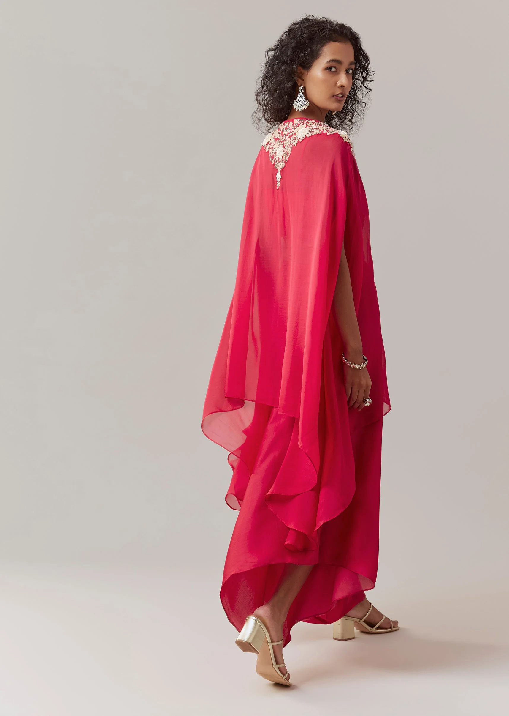 Raspberry Pink Indowestern Embroidered Cape Set - Image 5