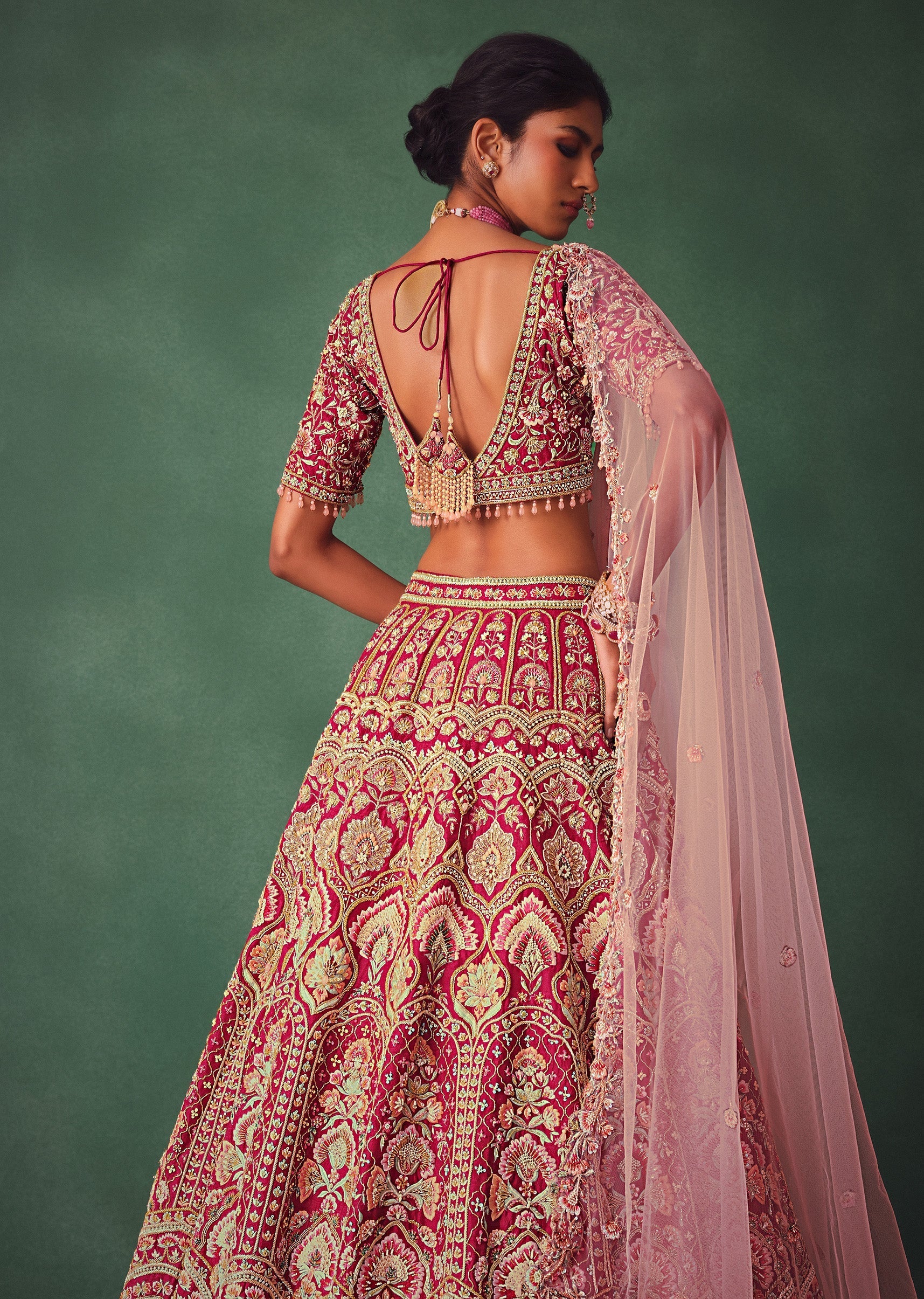 Raw Silk Red Bridal Embroidered Lehenga Set - Image 4