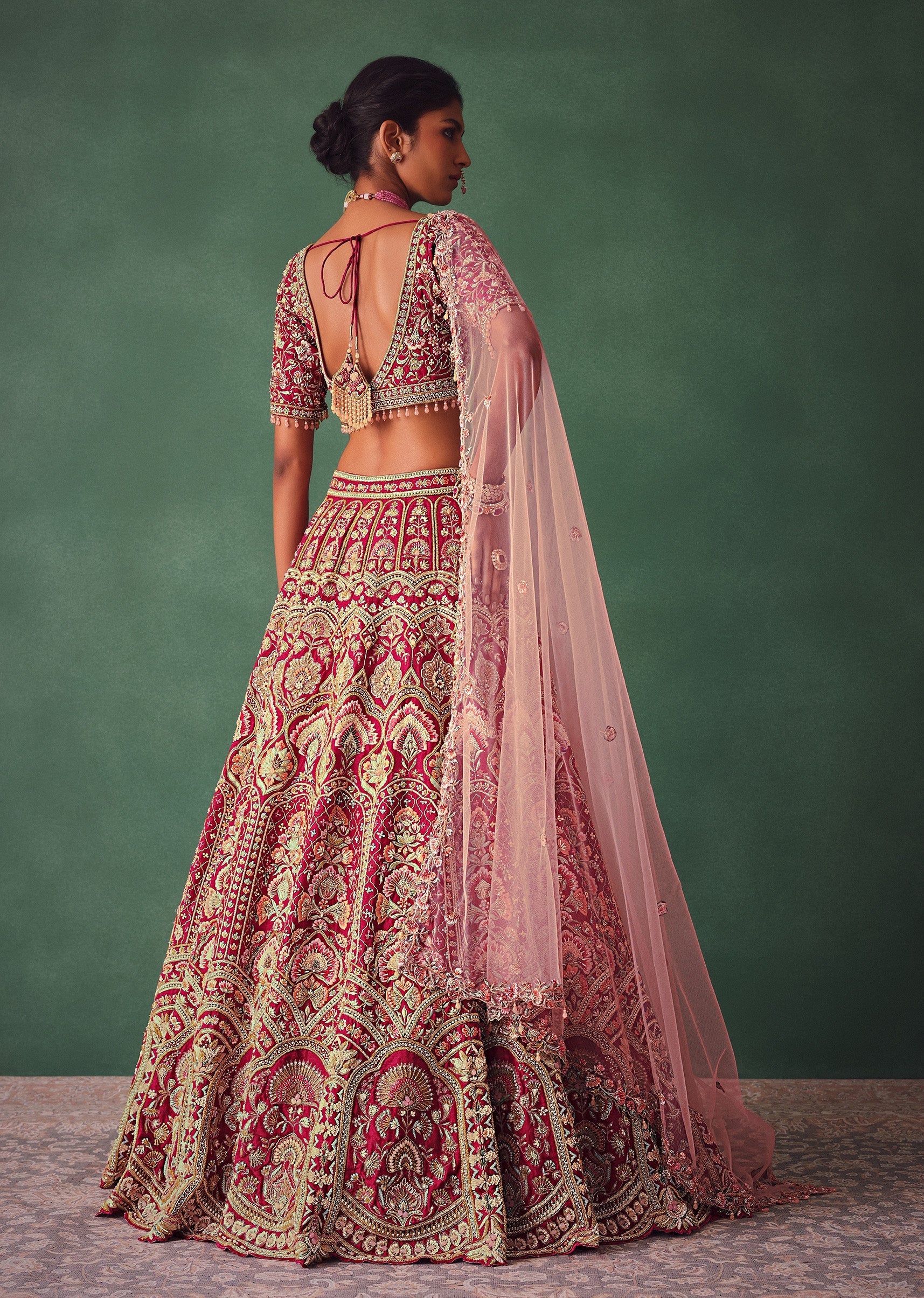 Raw Silk Red Bridal Embroidered Lehenga Set - Image 6