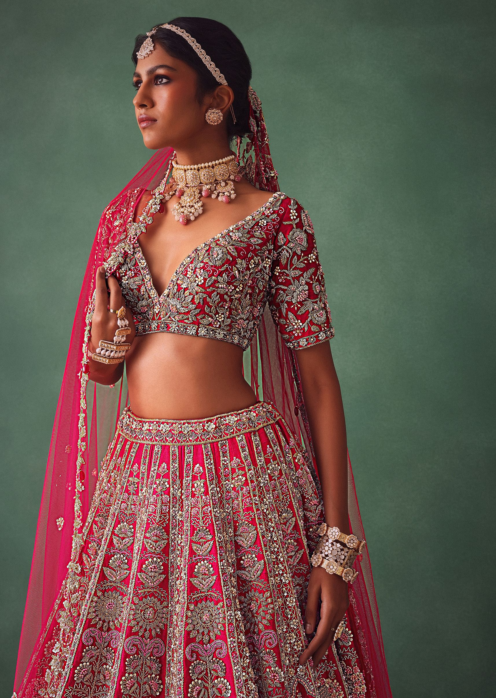 Raw Silk Red Bridal Lehenga With Scallop Dupatta - Image 2
