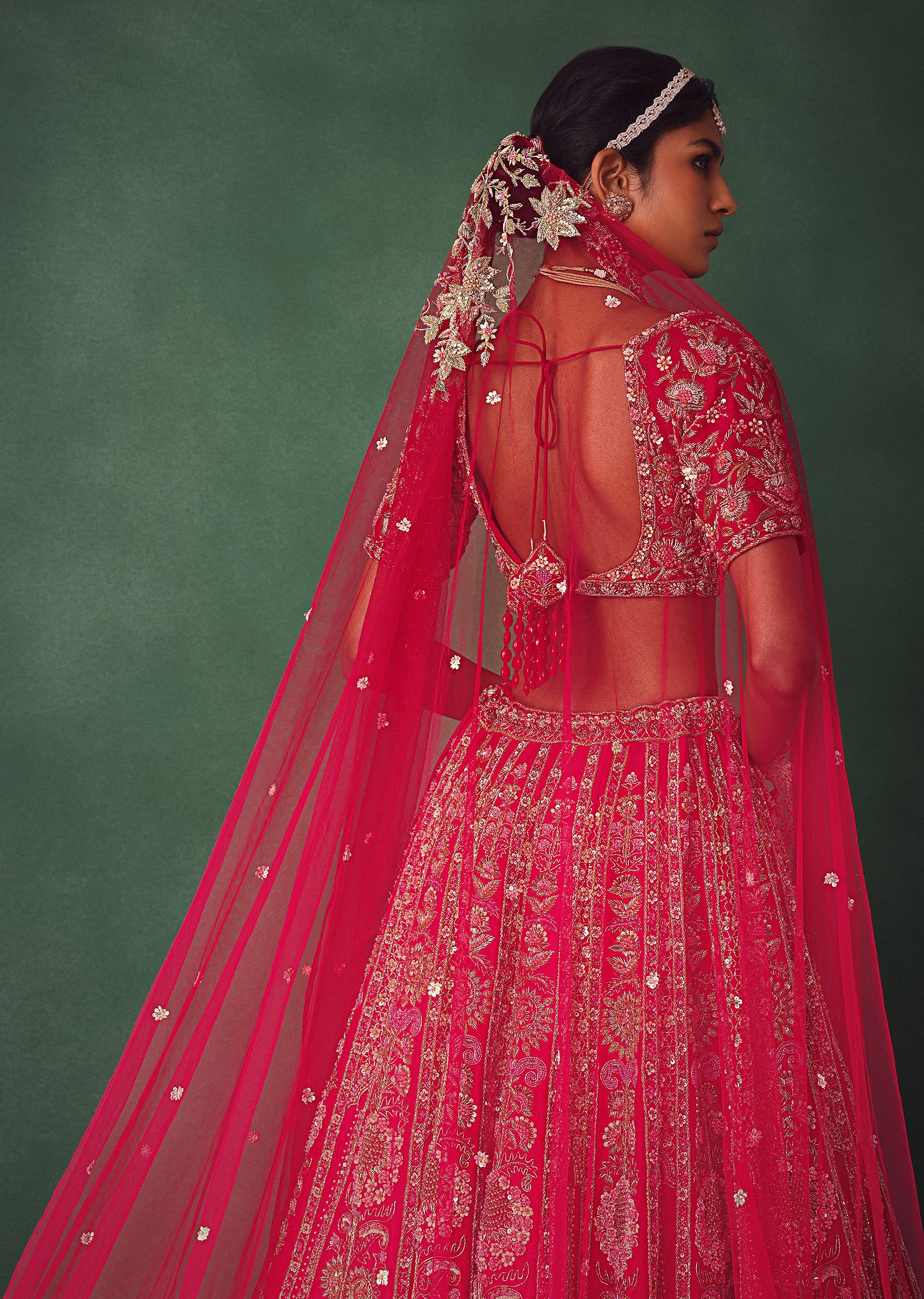 Raw Silk Red Bridal Lehenga With Scallop Dupatta - Image 3