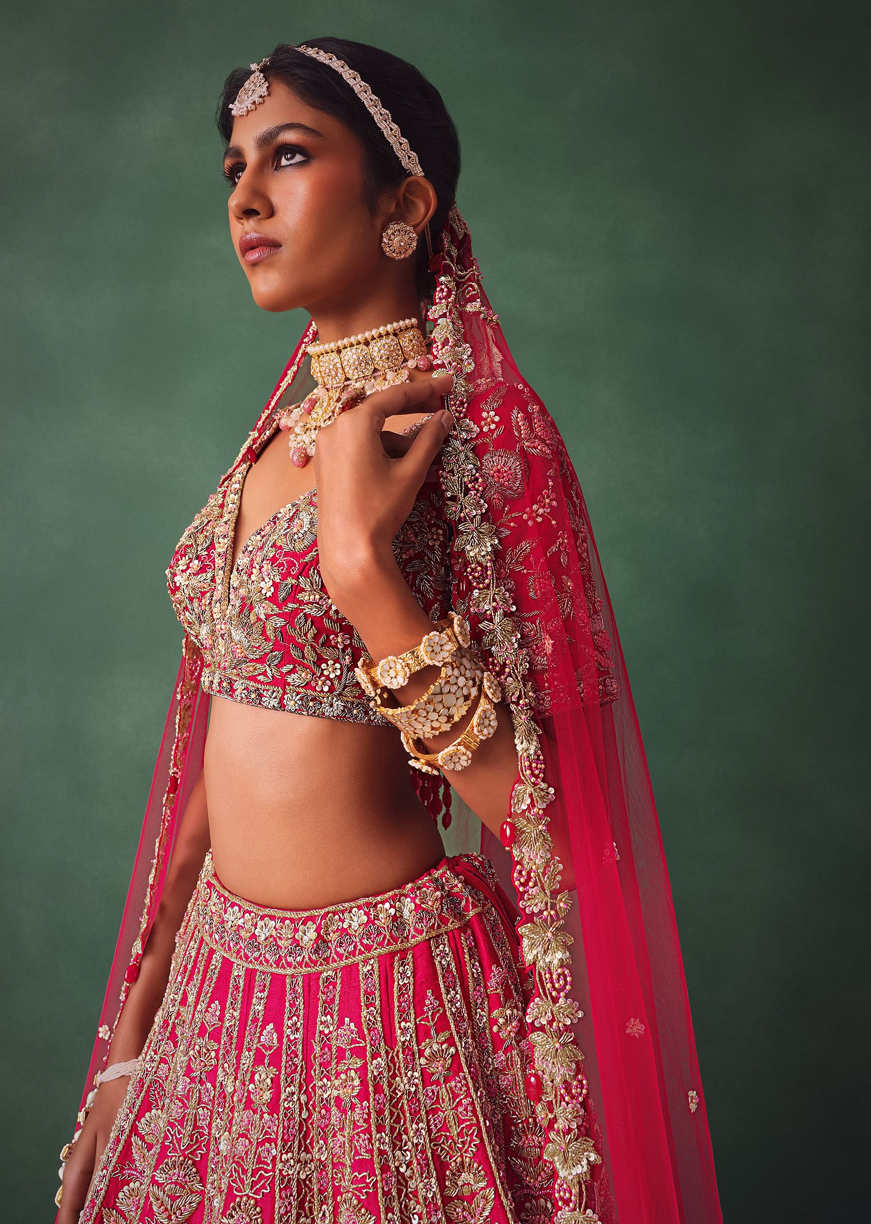 Raw Silk Red Bridal Lehenga With Scallop Dupatta - Image 5