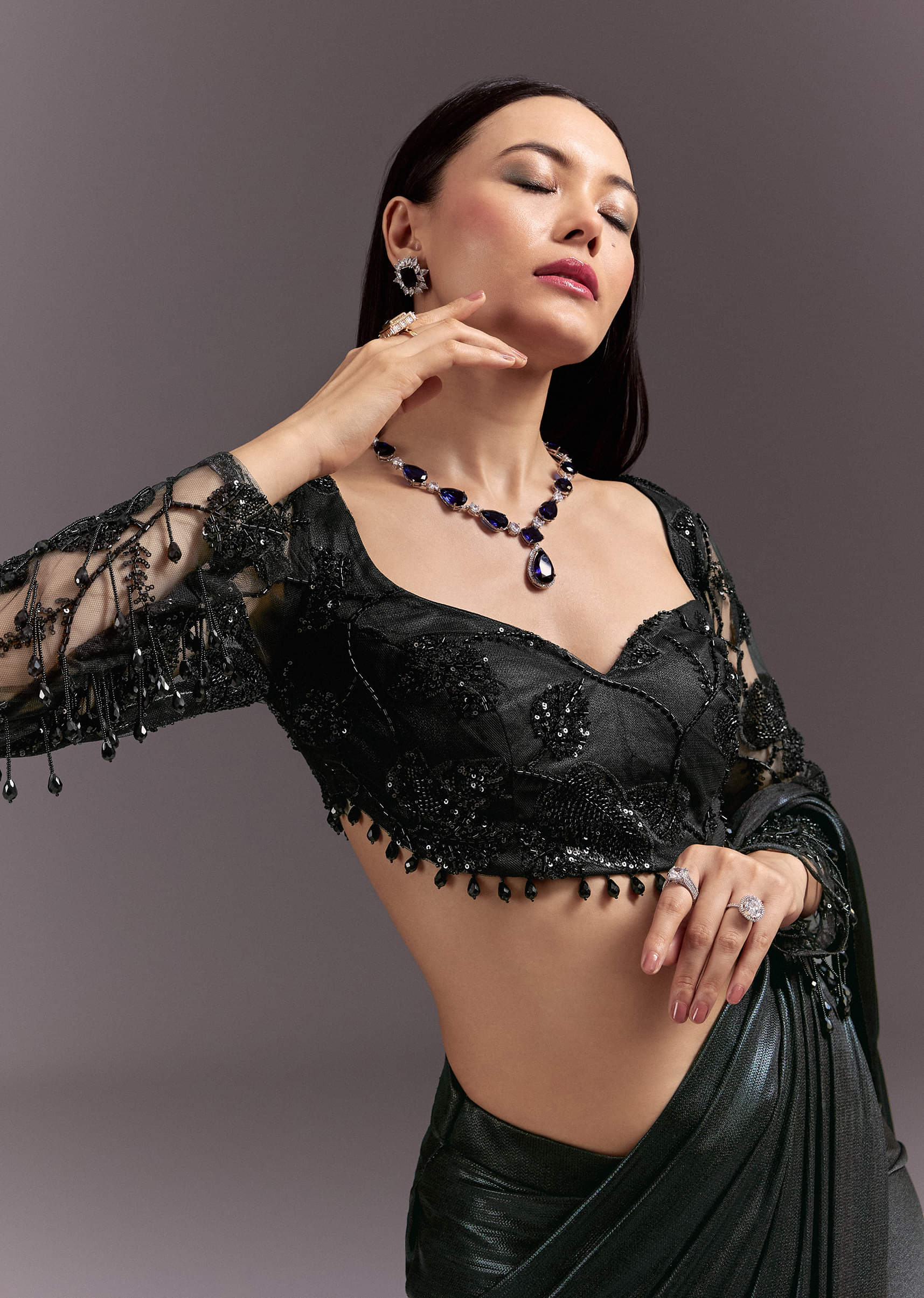 Ready Pleated Saree With V Neck Blouse And Cutdana Work - Image 3