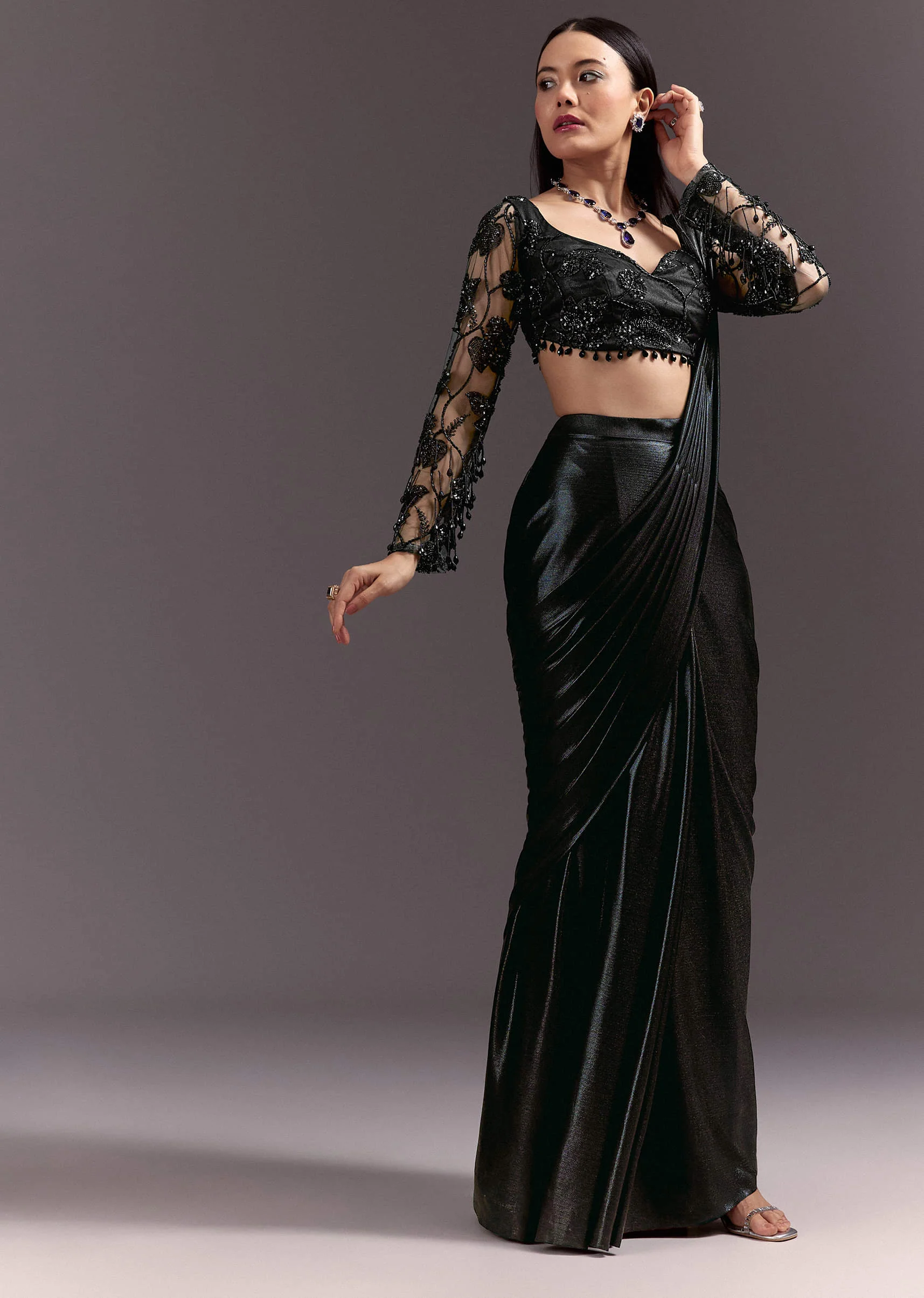 Ready Pleated Saree With V Neck Blouse And Cutdana Work - Image 4