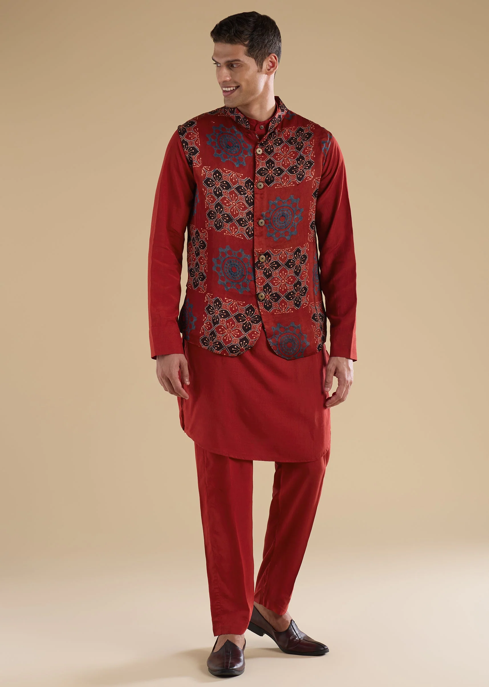 Red Ajrakh Printed Kurta Jacket Set - Image 3