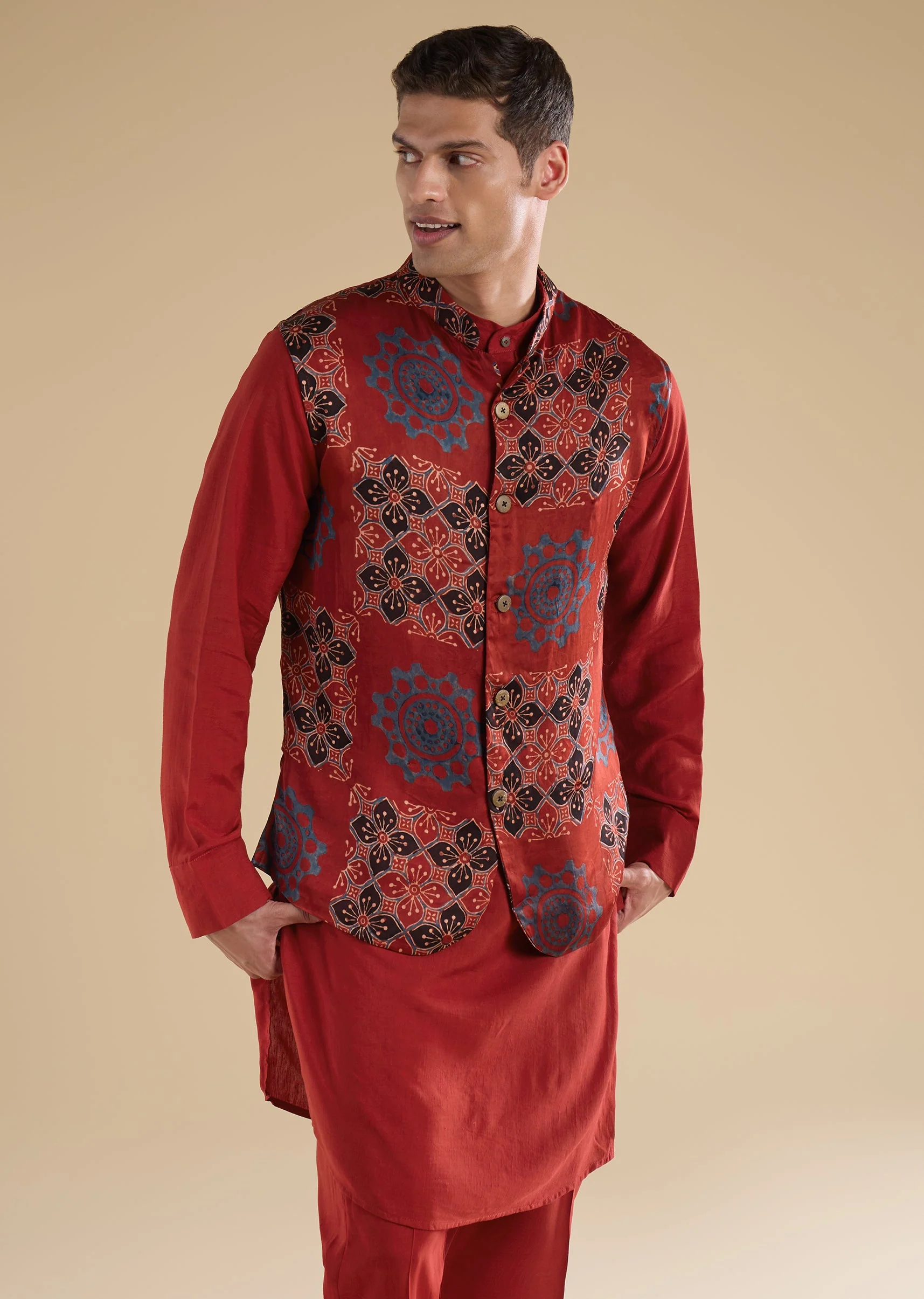 Red Ajrakh Printed Kurta Jacket Set - Image 4