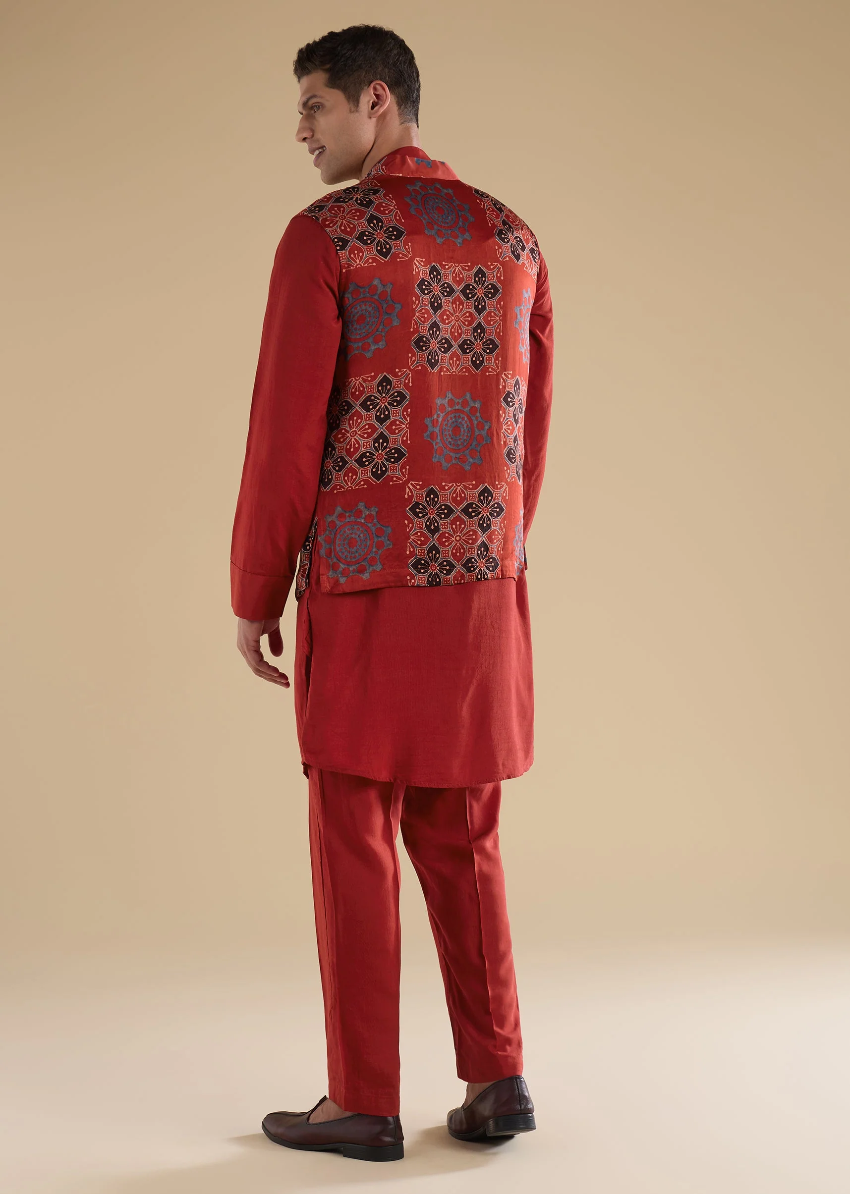Red Ajrakh Printed Kurta Jacket Set - Image 5