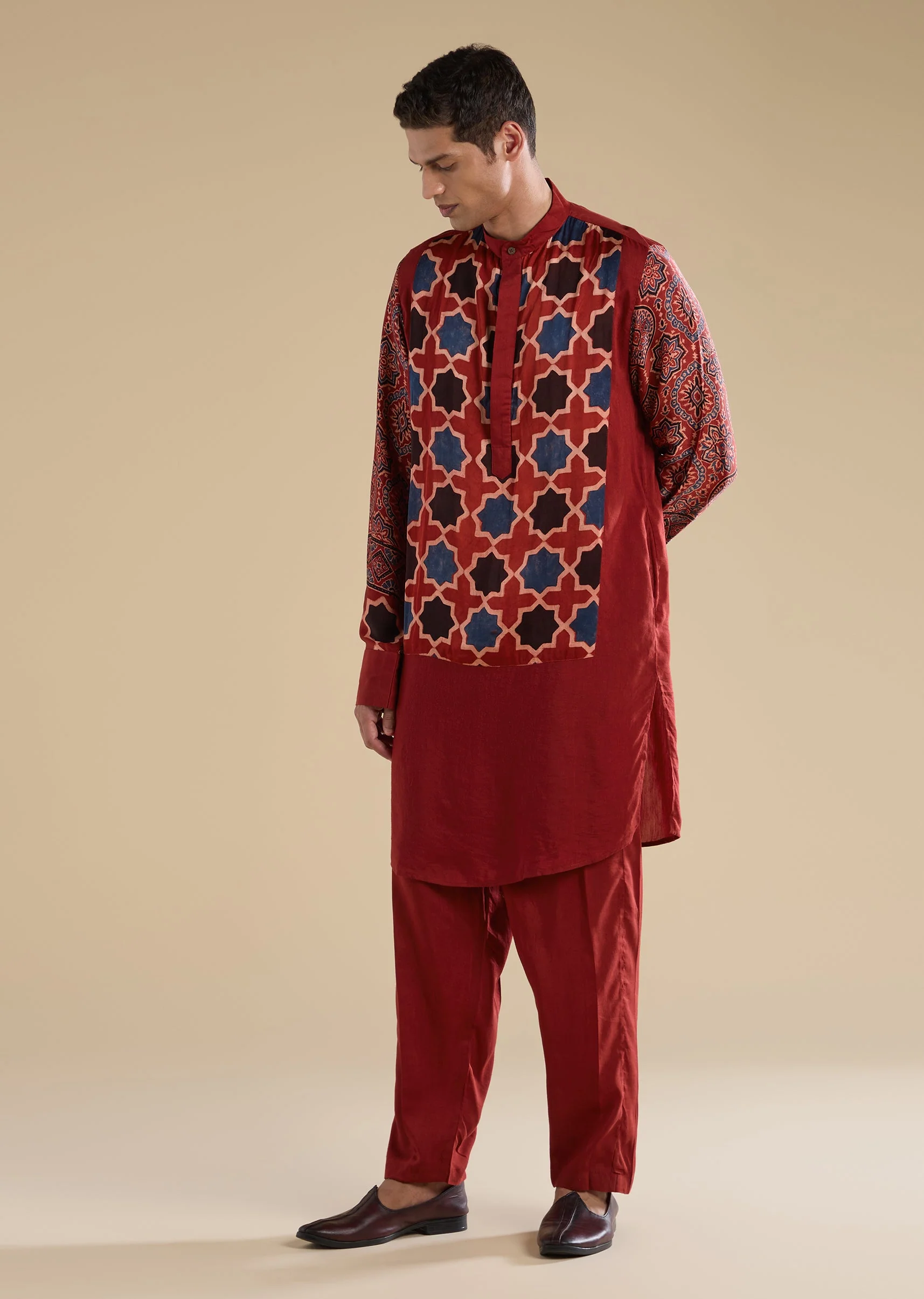Red Ajrakh Printed Kurta Set