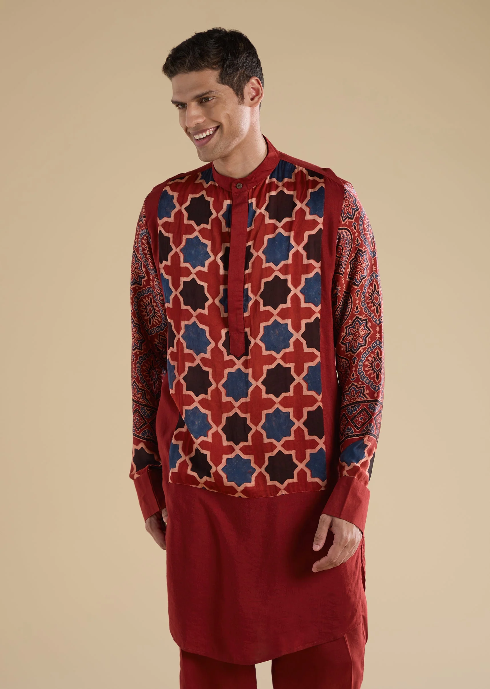 Red Ajrakh Printed Kurta Set - Image 4