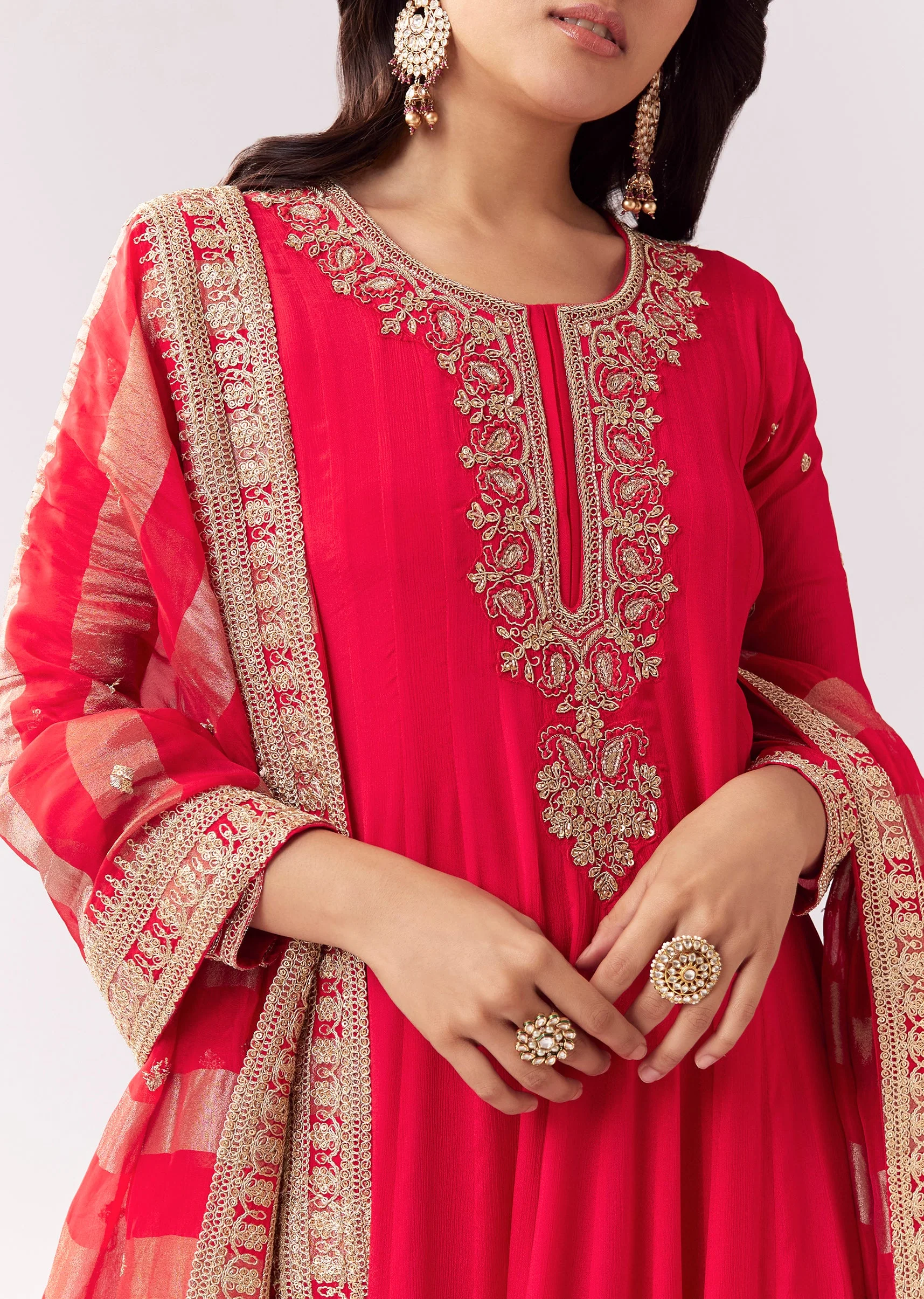 Red Anarkali With Zardozi And Sequins - Image 2