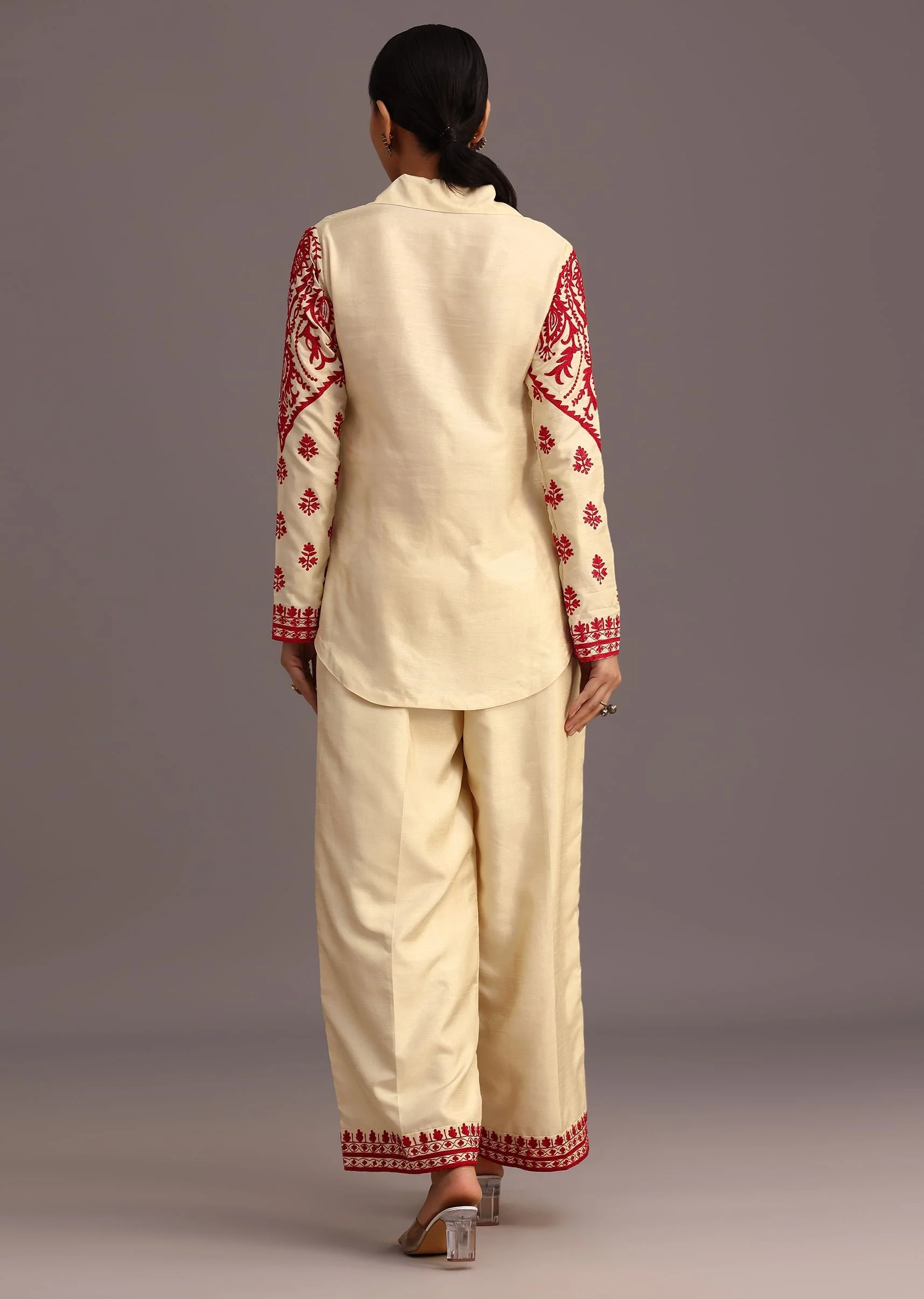 Red And Beige Thread Work Co-ord Set - Image 5