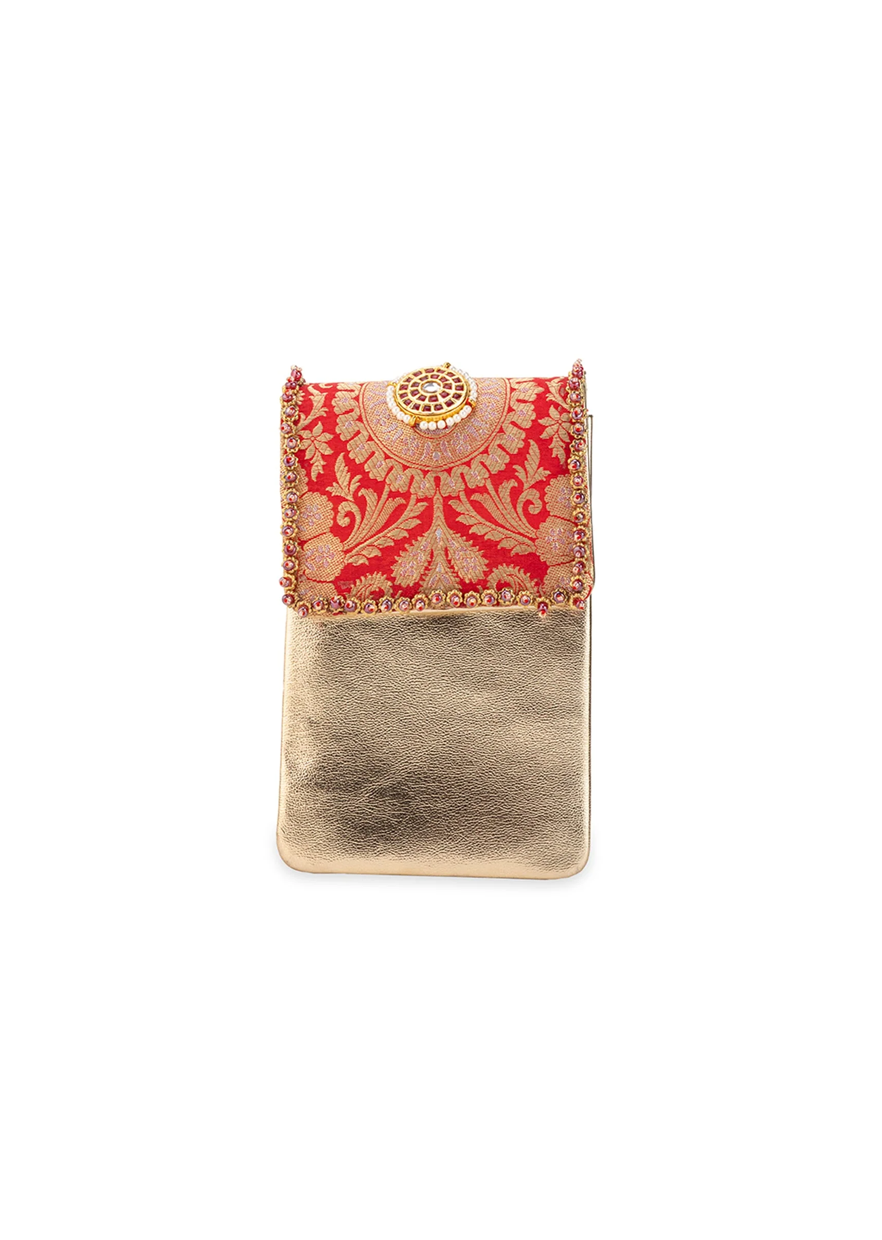 Red and Gold Floral Motif Kundan Flap Bag - Image 2
