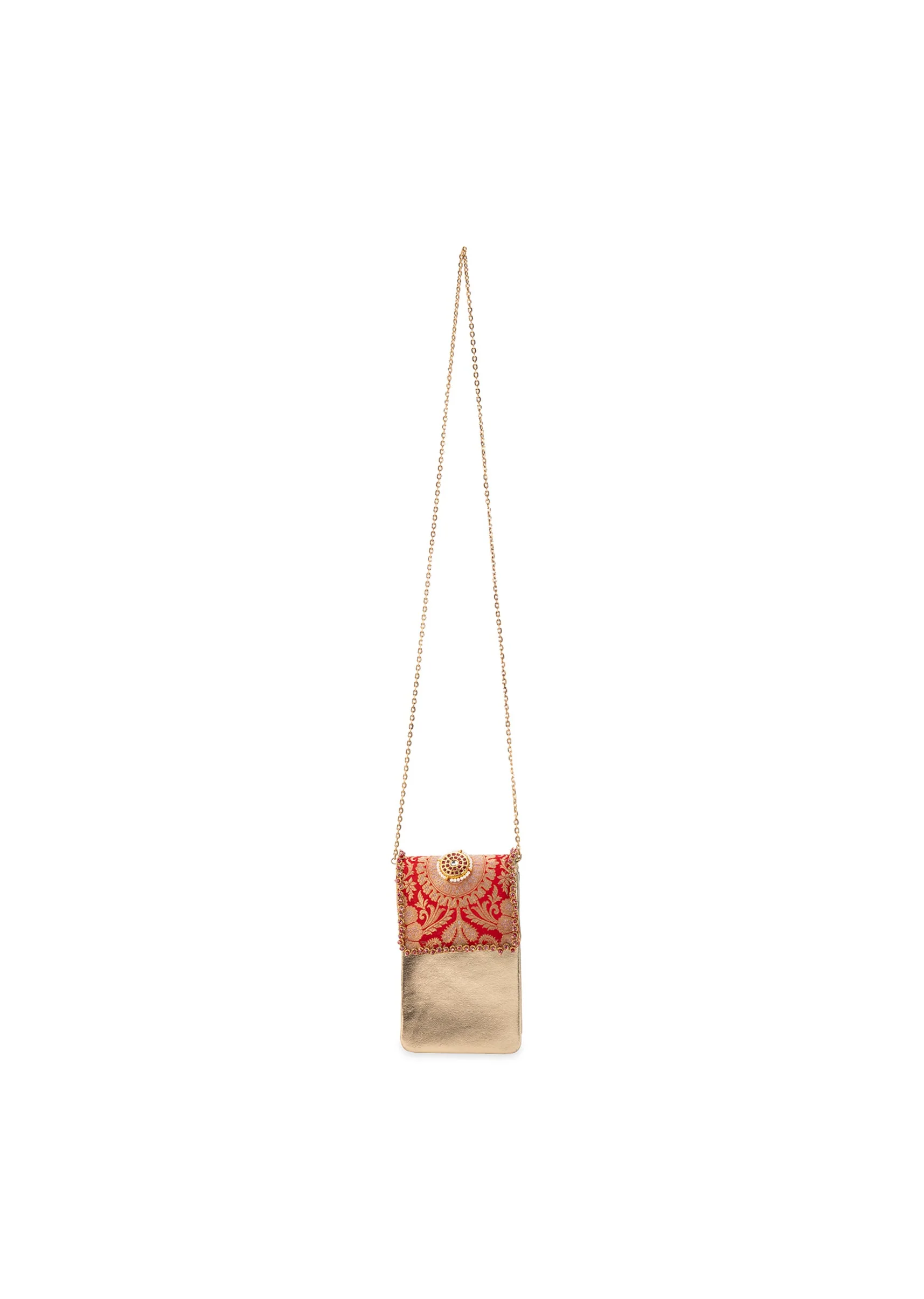 Red and Gold Floral Motif Kundan Flap Bag - Image 5