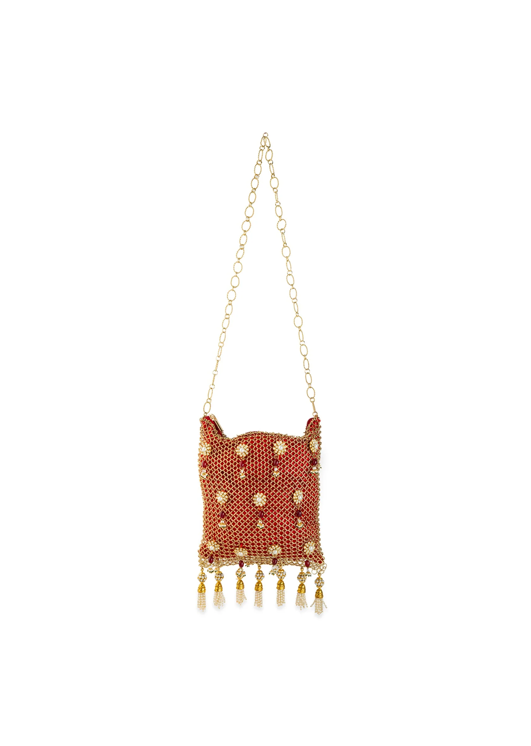 Red and Gold Jaal Textured Pearl Embellished Bag - Image 3