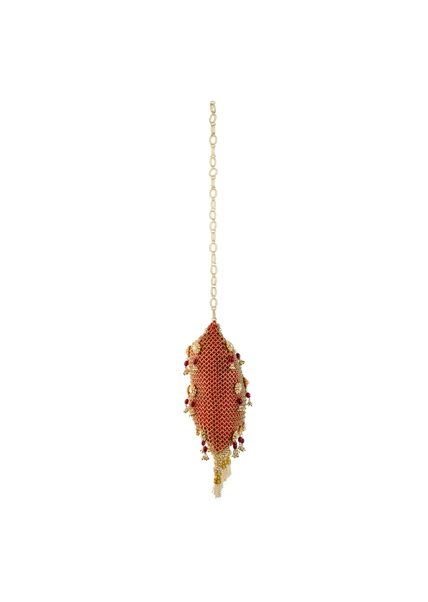 Red and Gold Jaal Textured Pearl Embellished Bag - Image 5