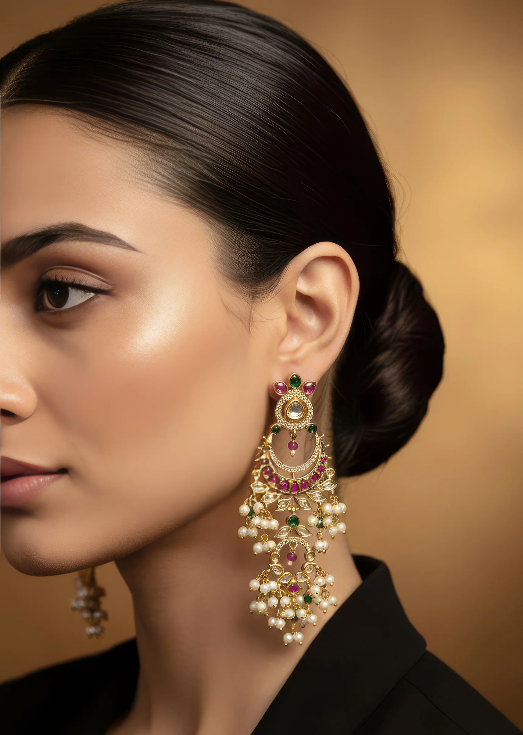Red and Gold raditional Kundan Polki Chandbali Earrings with Faux Pearls