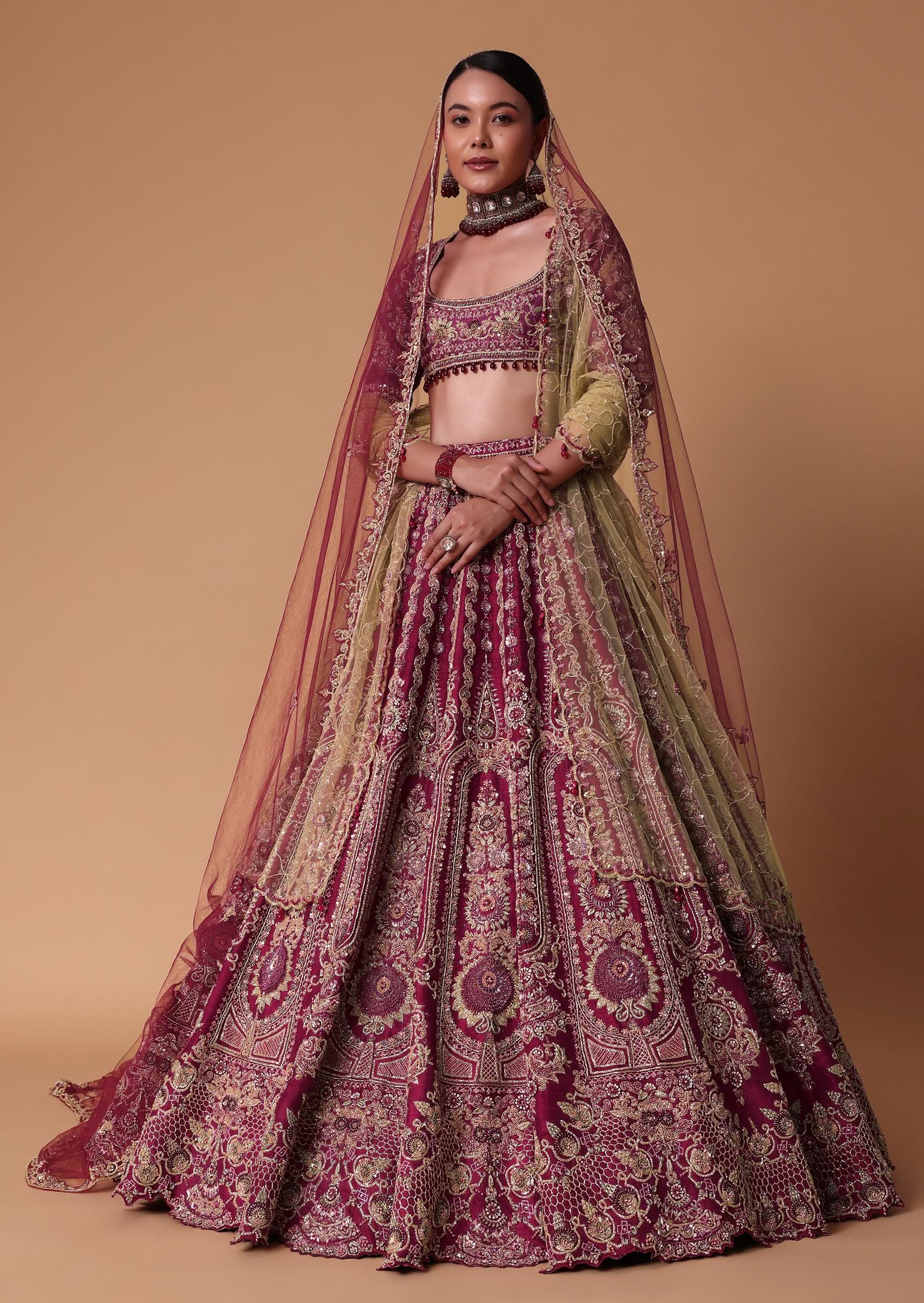Red Raw Silk Lehenga Set With Cutout Back Velvet Blouse - Image 3