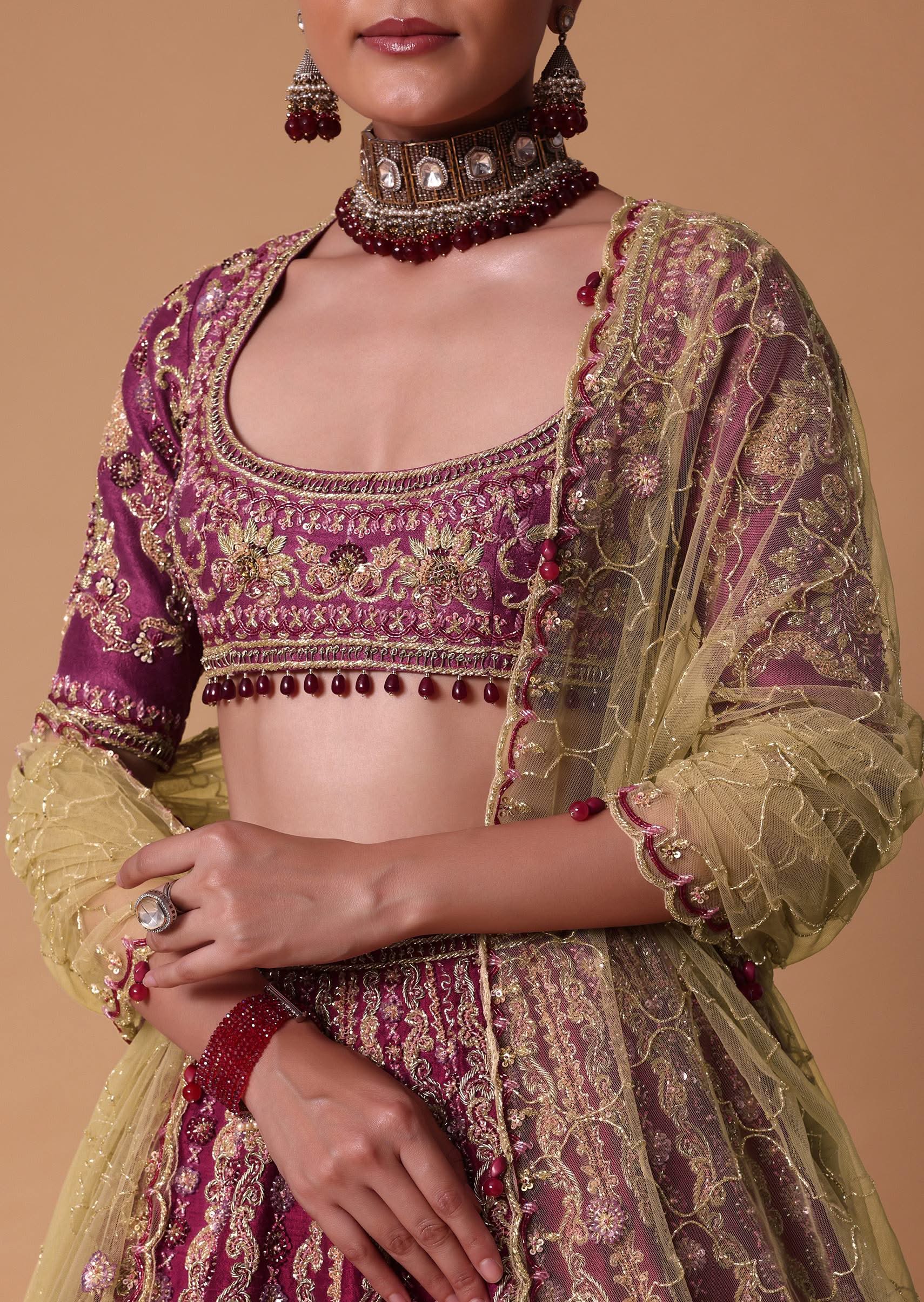 Red Raw Silk Lehenga Set With Cutout Back Velvet Blouse - Image 4